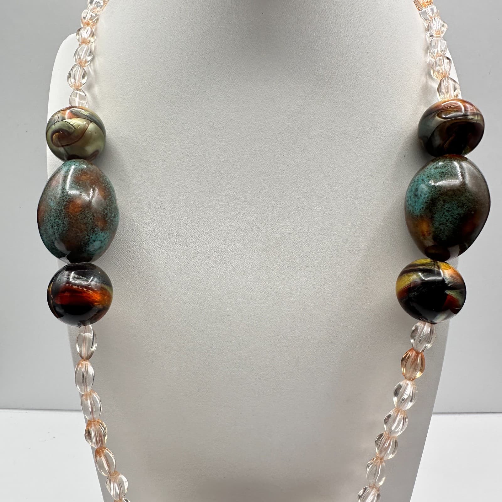 Vintage 90s Chunky Multi-Color Glass Bead Necklace Iridescent Earth Tone Jewelry - Thumbnail 4