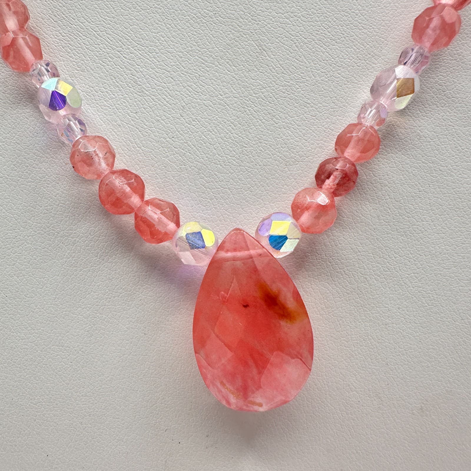Vintage 90s Dainty Pink Strawberry Quartz Teardrop Pendant Beaded Choker Jewelry - Thumbnail 3