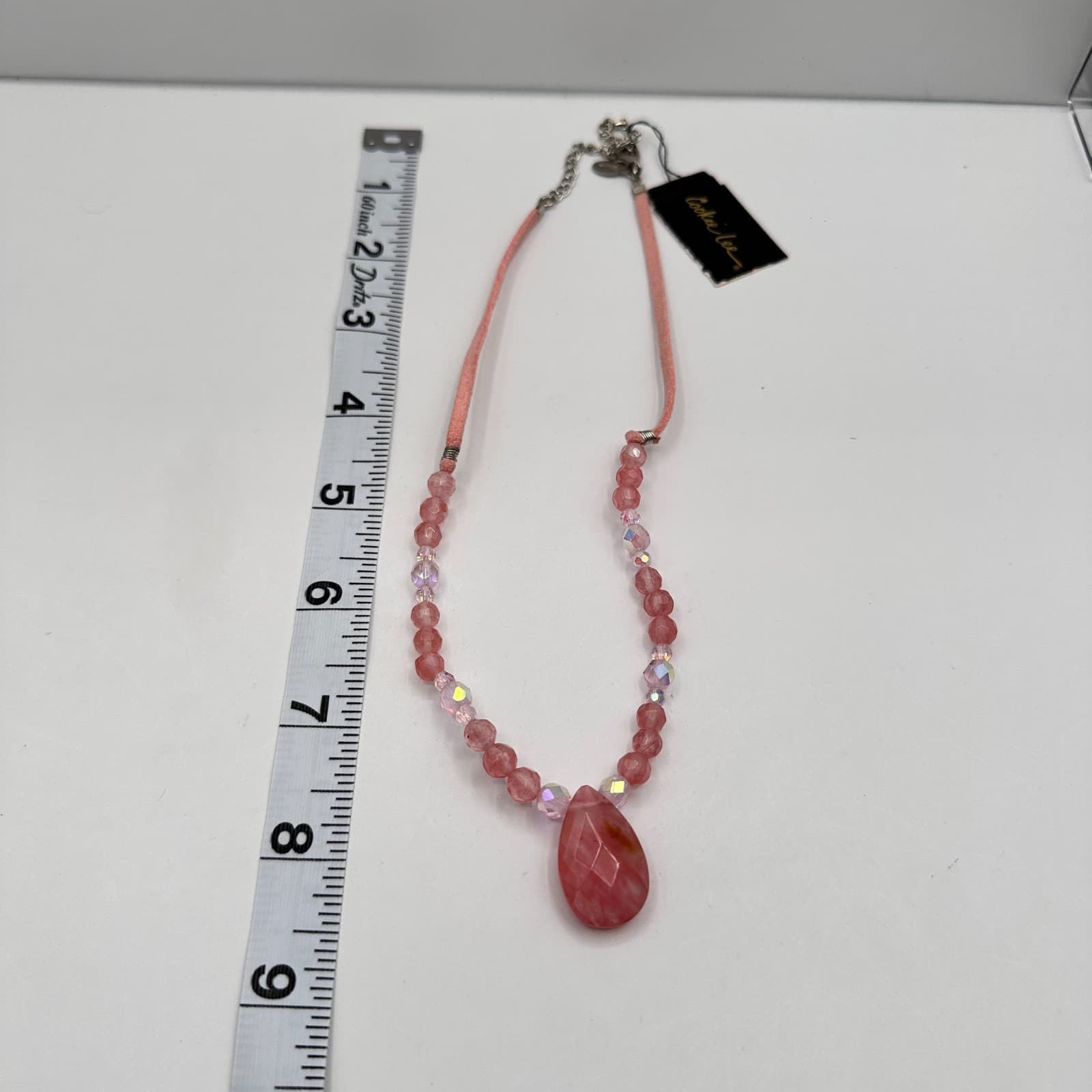 Vintage 90s Dainty Pink Strawberry Quartz Teardrop Pendant Beaded Choker Jewelry - Thumbnail 12