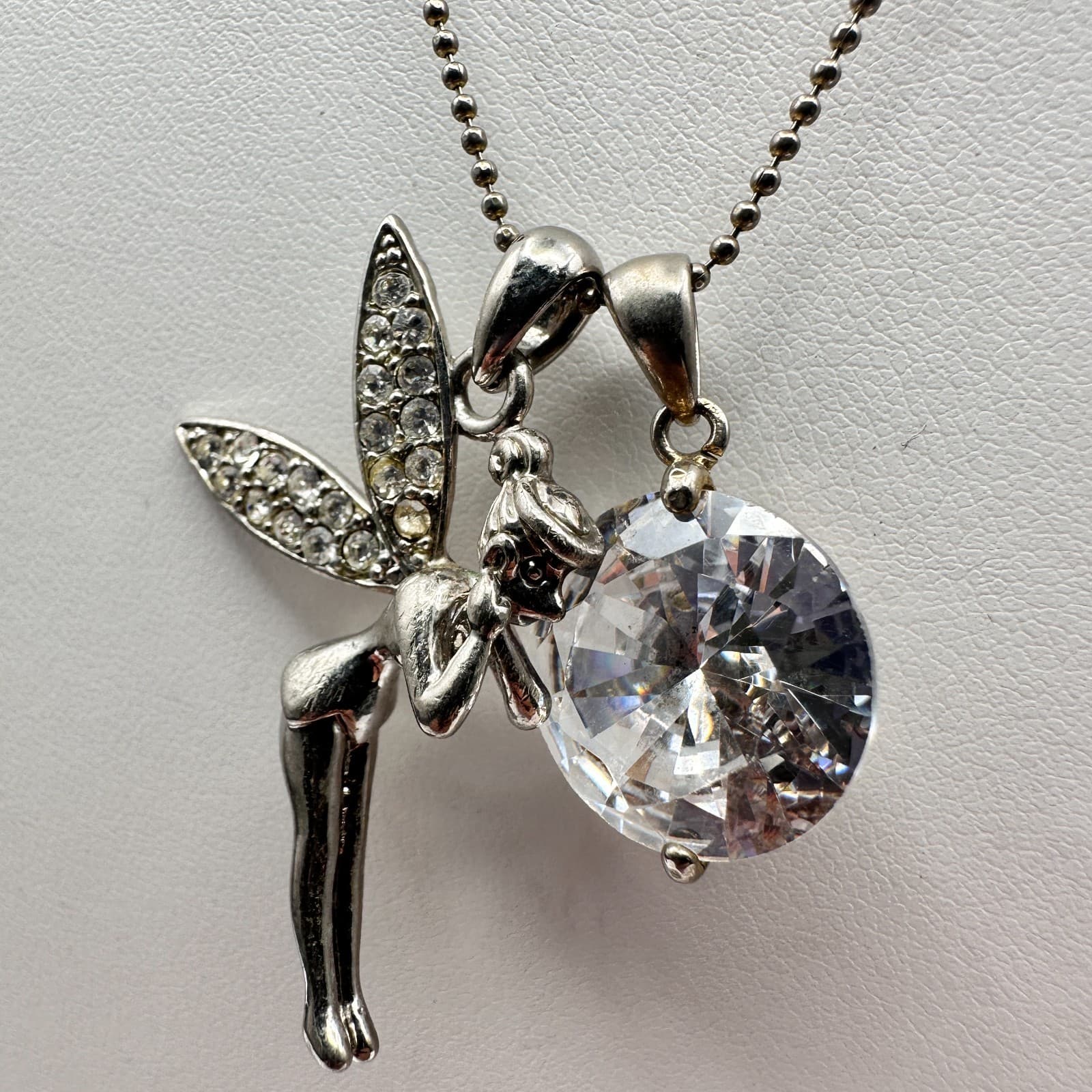 Vintage Y2K Fairy Pendant Necklace Silver Tone Crystal Rhinestone Tinkerbell - Thumbnail 5