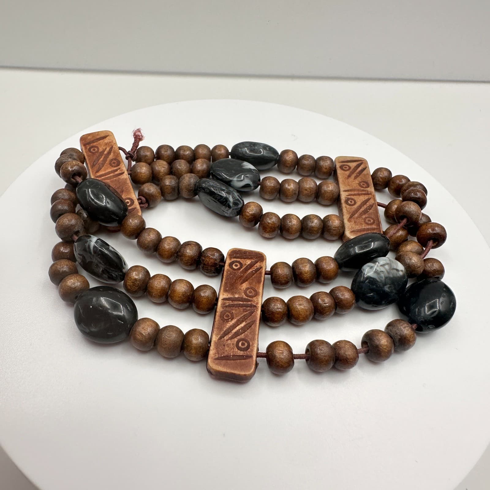 Vintage 90s Triple Strand Wood & Stone Stretch Bracelet Brown Black Earthy Boho - Image 1