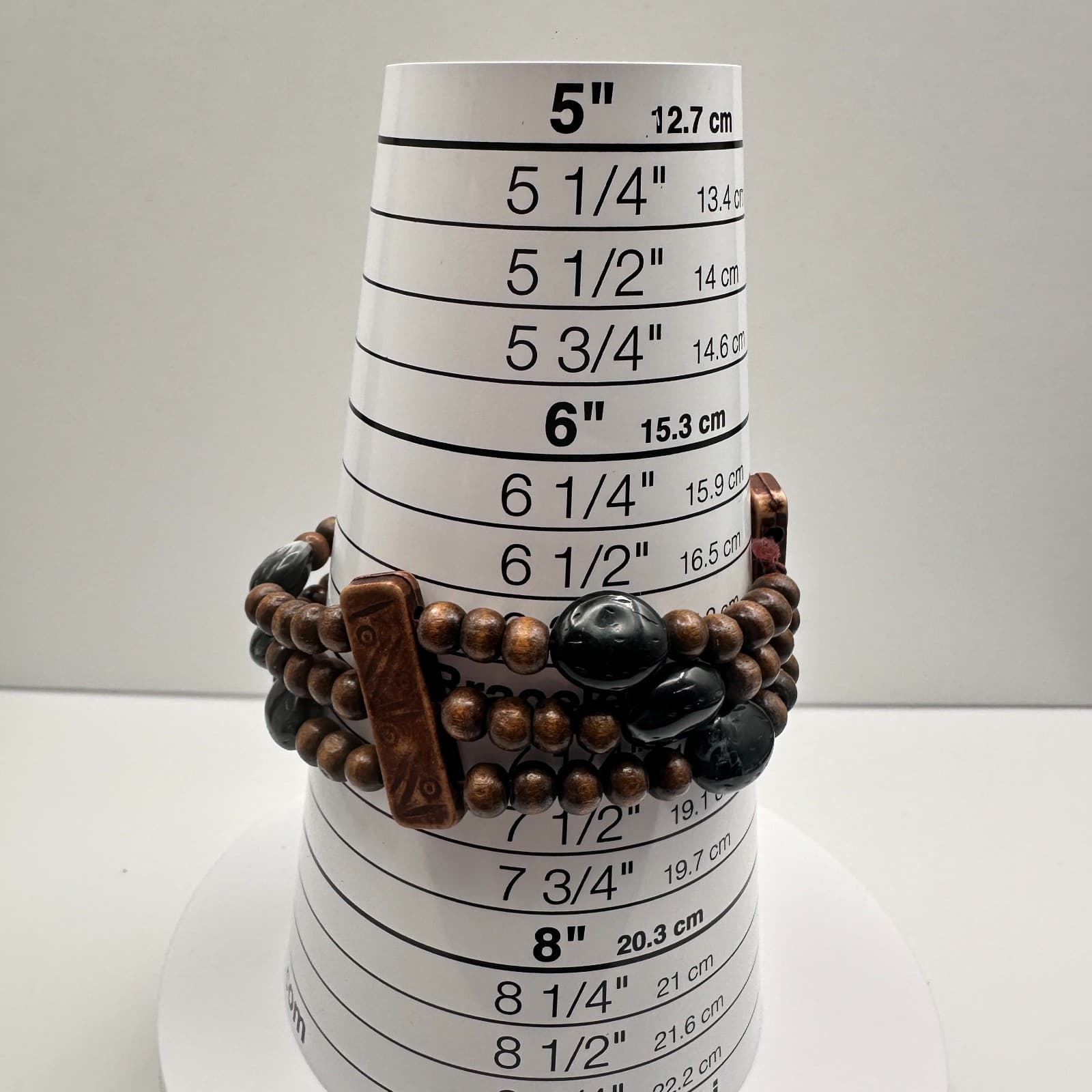 Vintage 90s Triple Strand Wood & Stone Stretch Bracelet Brown Black Earthy Boho - Thumbnail 9