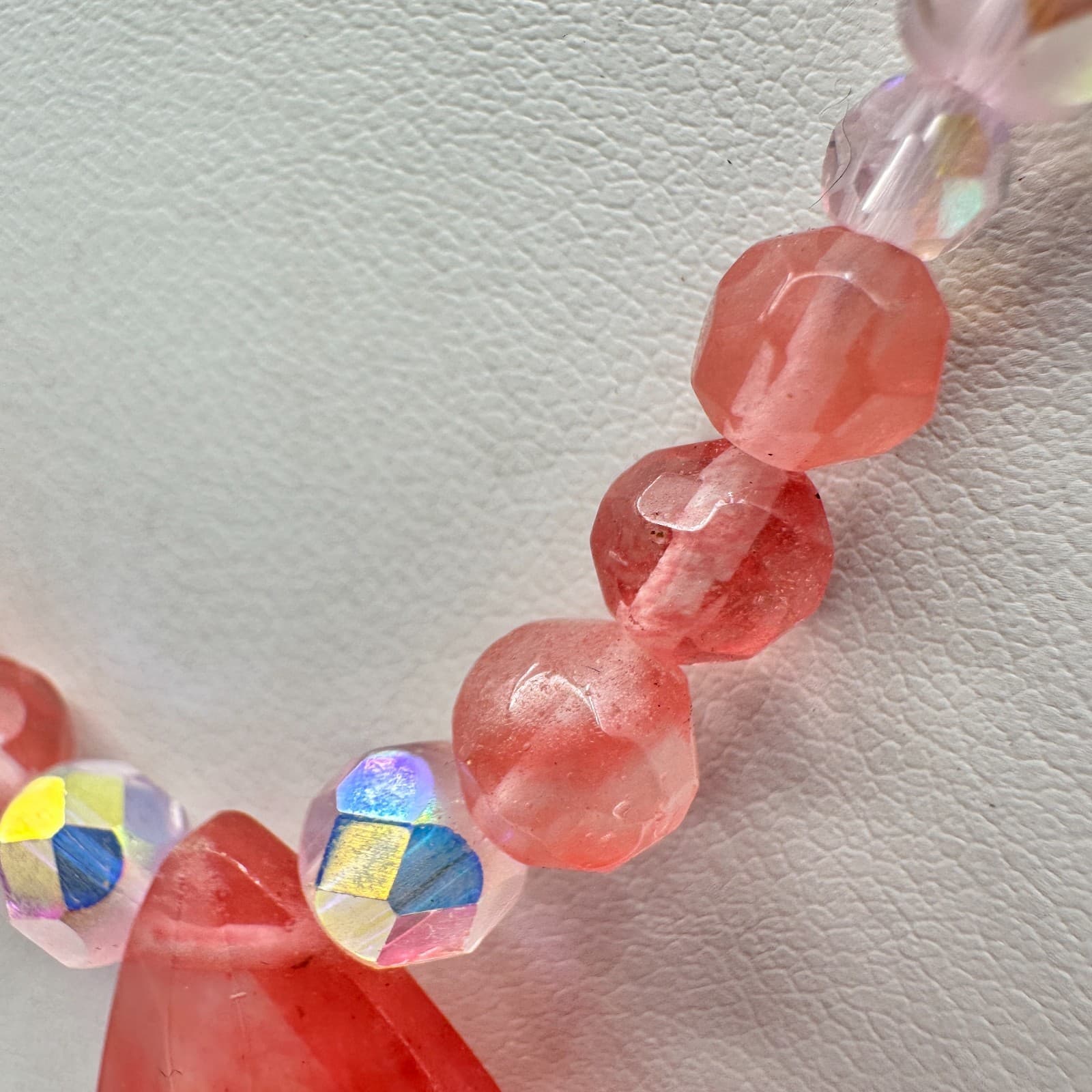 Vintage 90s Dainty Pink Strawberry Quartz Teardrop Pendant Beaded Choker Jewelry - Thumbnail 8