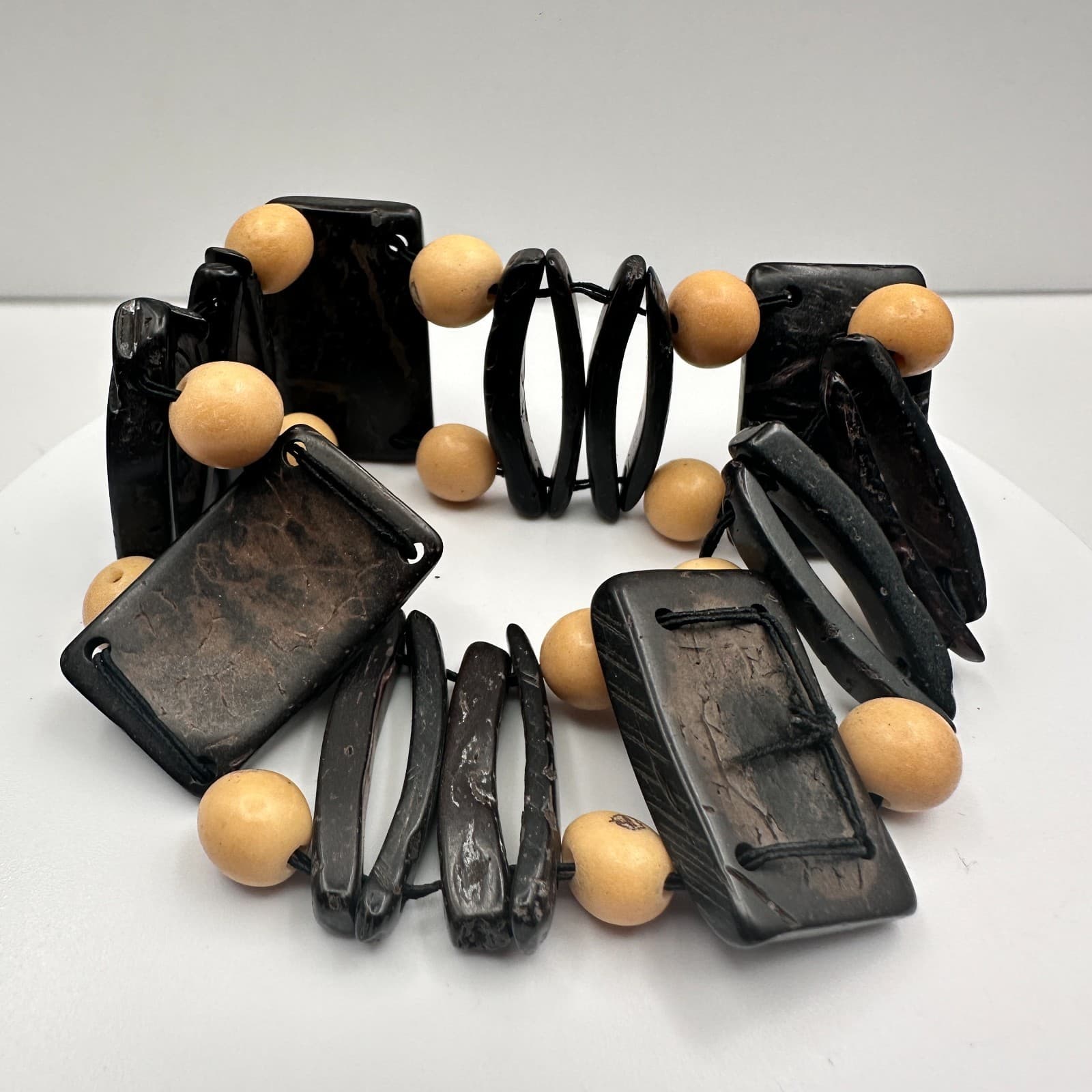 Vintage 80s 90s Chunky Black Coconut Shell & Tan Wood Bead Stretch Bracelet - Image 1