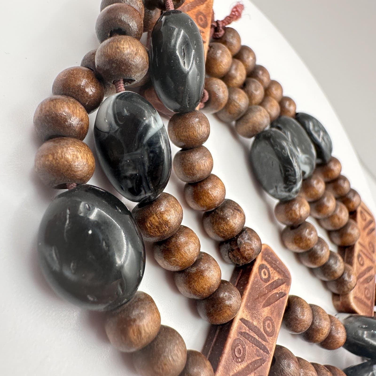 Vintage 90s Triple Strand Wood & Stone Stretch Bracelet Brown Black Earthy Boho - Thumbnail 3