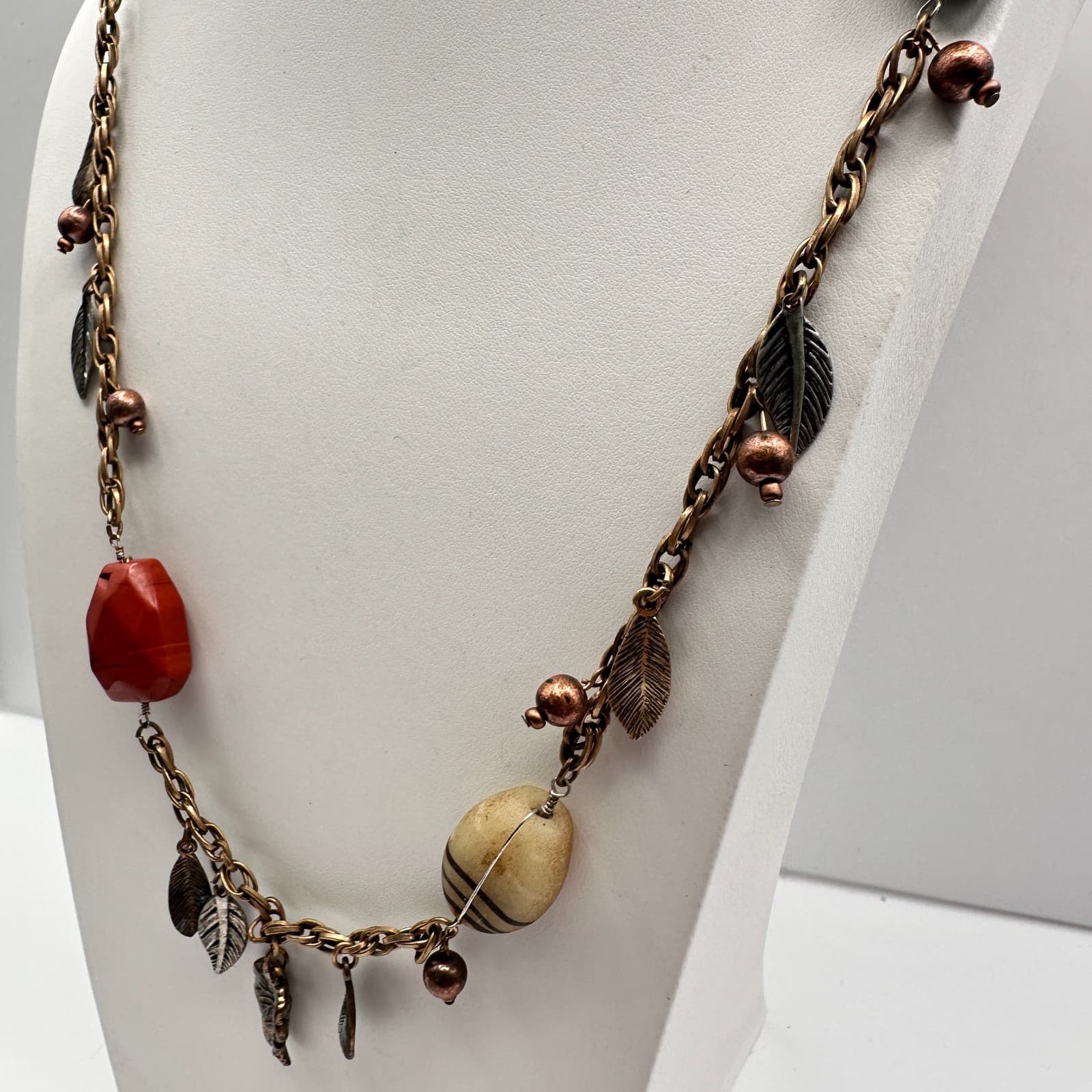Vintage 80s Bohemian Mixed Stone & Metal Leaf Statement Choker Neckless Jewelry - Thumbnail 7