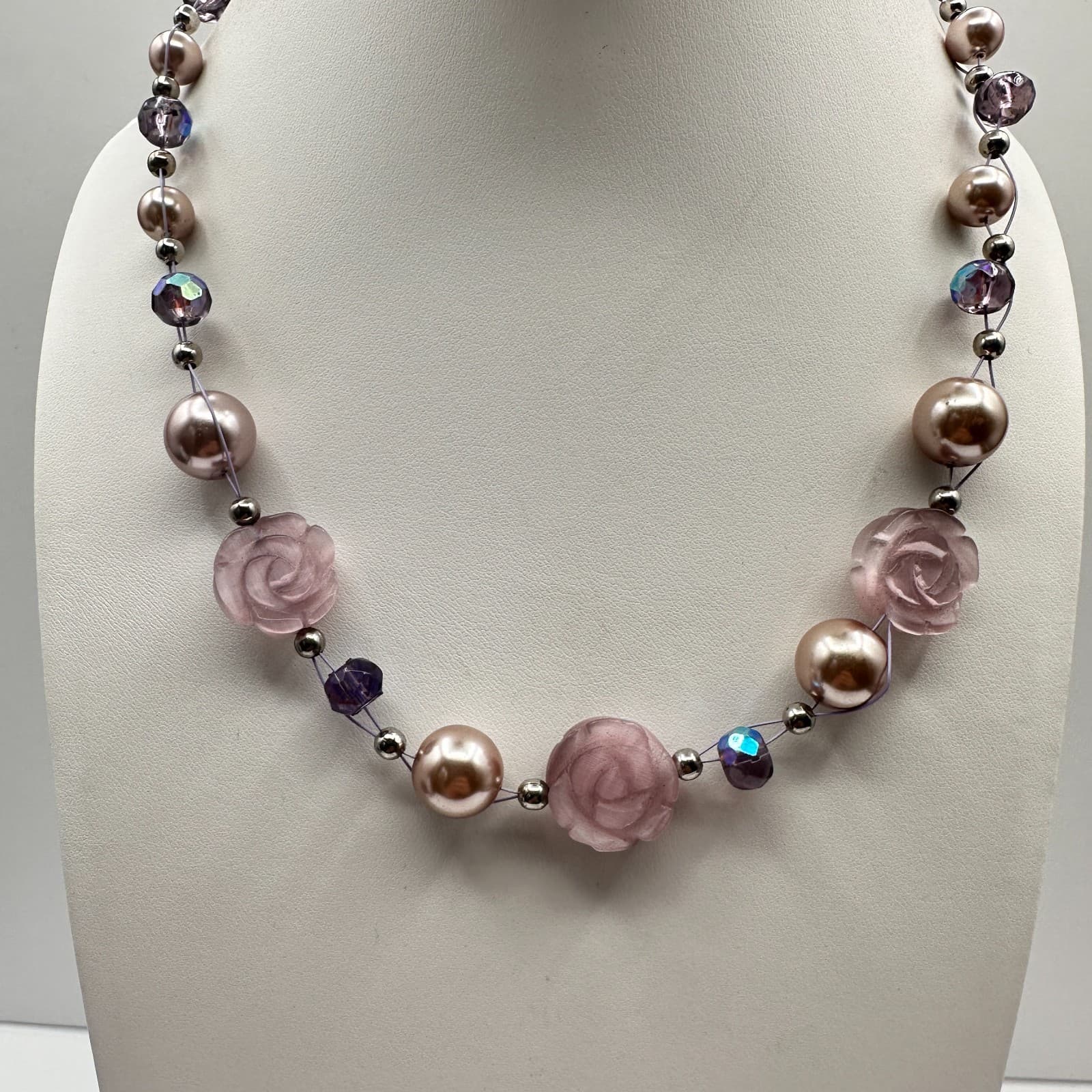 Vintage 90s Lavender Rose & Pearl Beaded Necklace with Accents Jewelry - Image 1