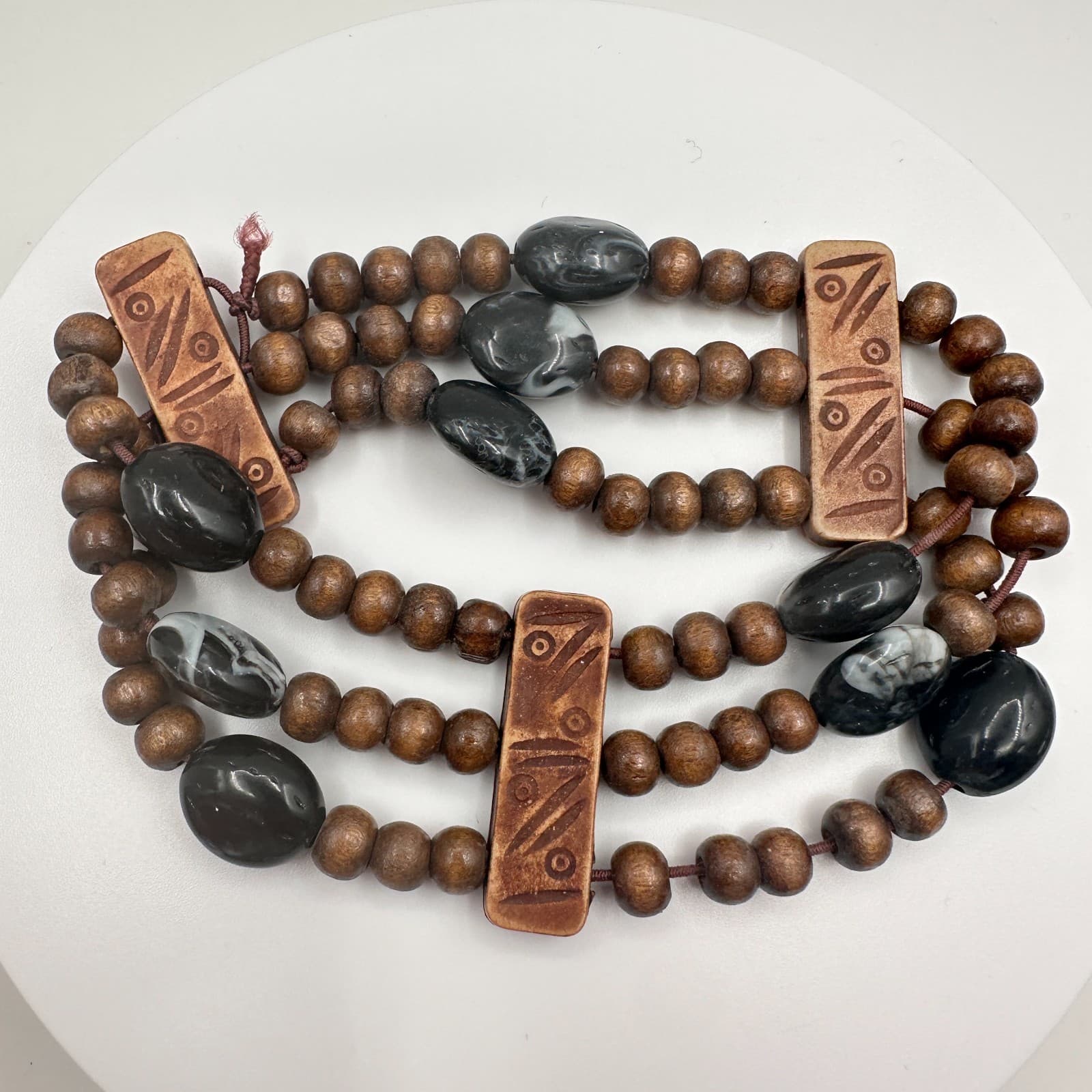 Vintage 90s Triple Strand Wood & Stone Stretch Bracelet Brown Black Earthy Boho - Thumbnail 2