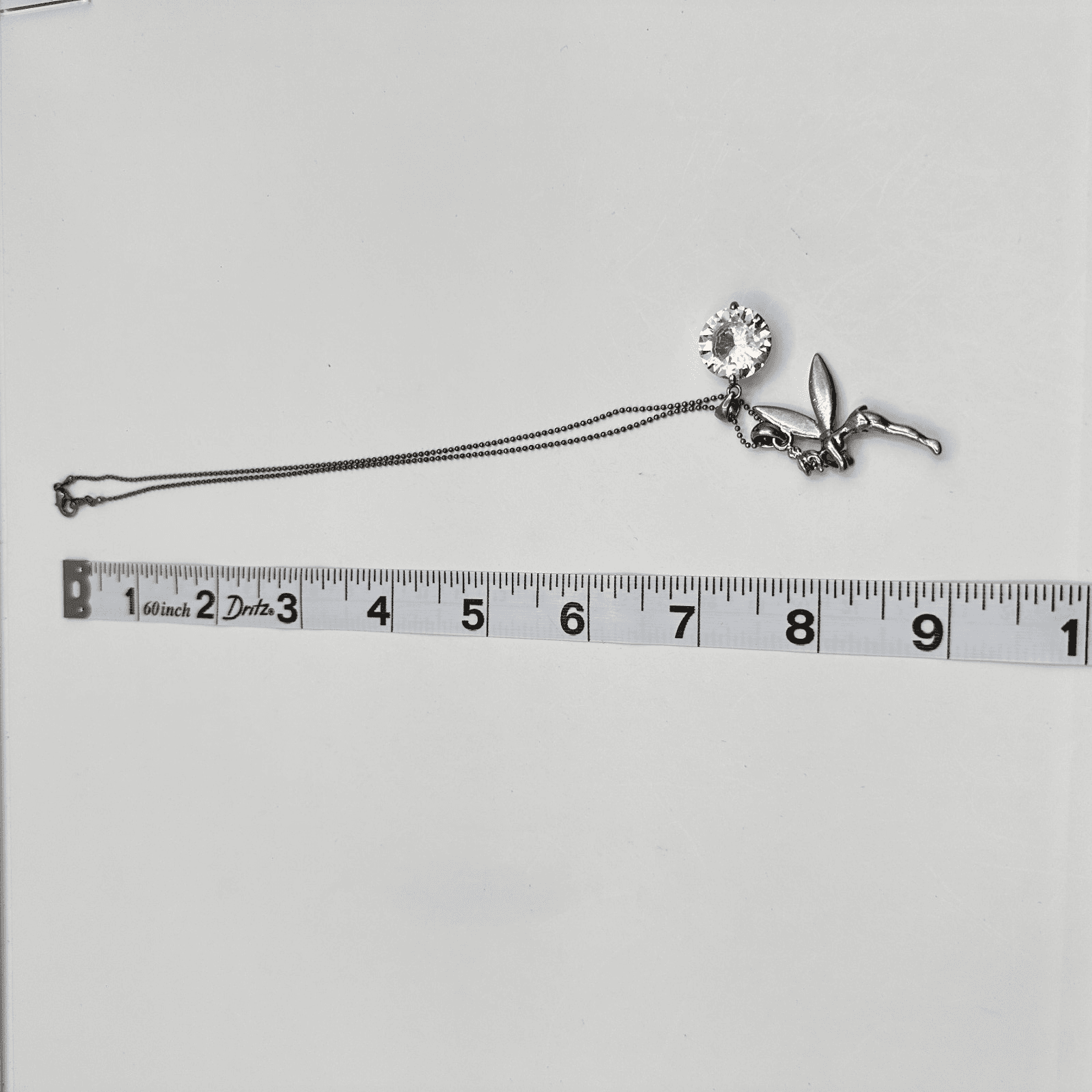 Vintage Y2K Fairy Pendant Necklace Silver Tone Crystal Rhinestone Tinkerbell - Thumbnail 9