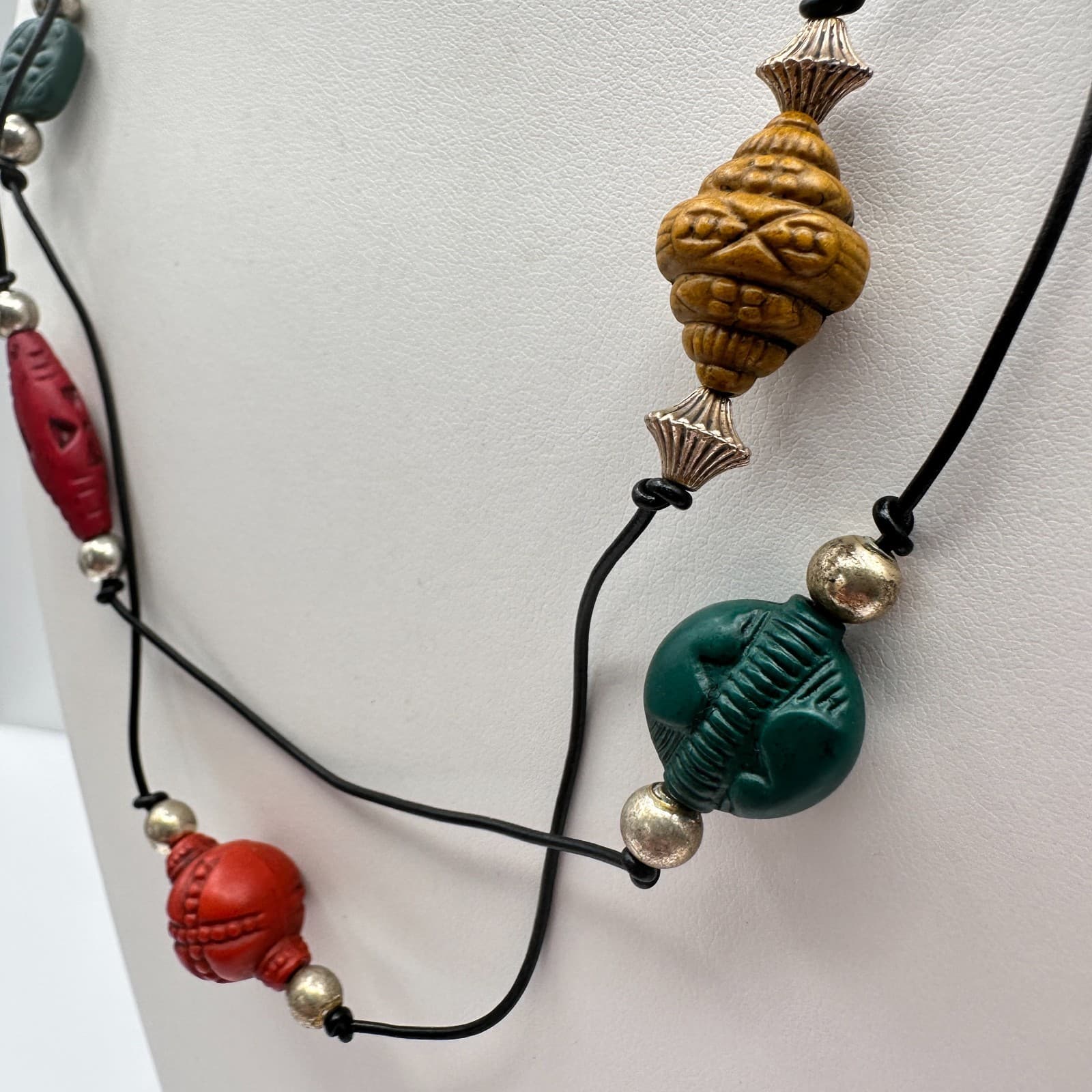 Vintage 80s Multi-Colour Boohoo Carved Wood & Bead Necklaces Jewelry - Thumbnail 9