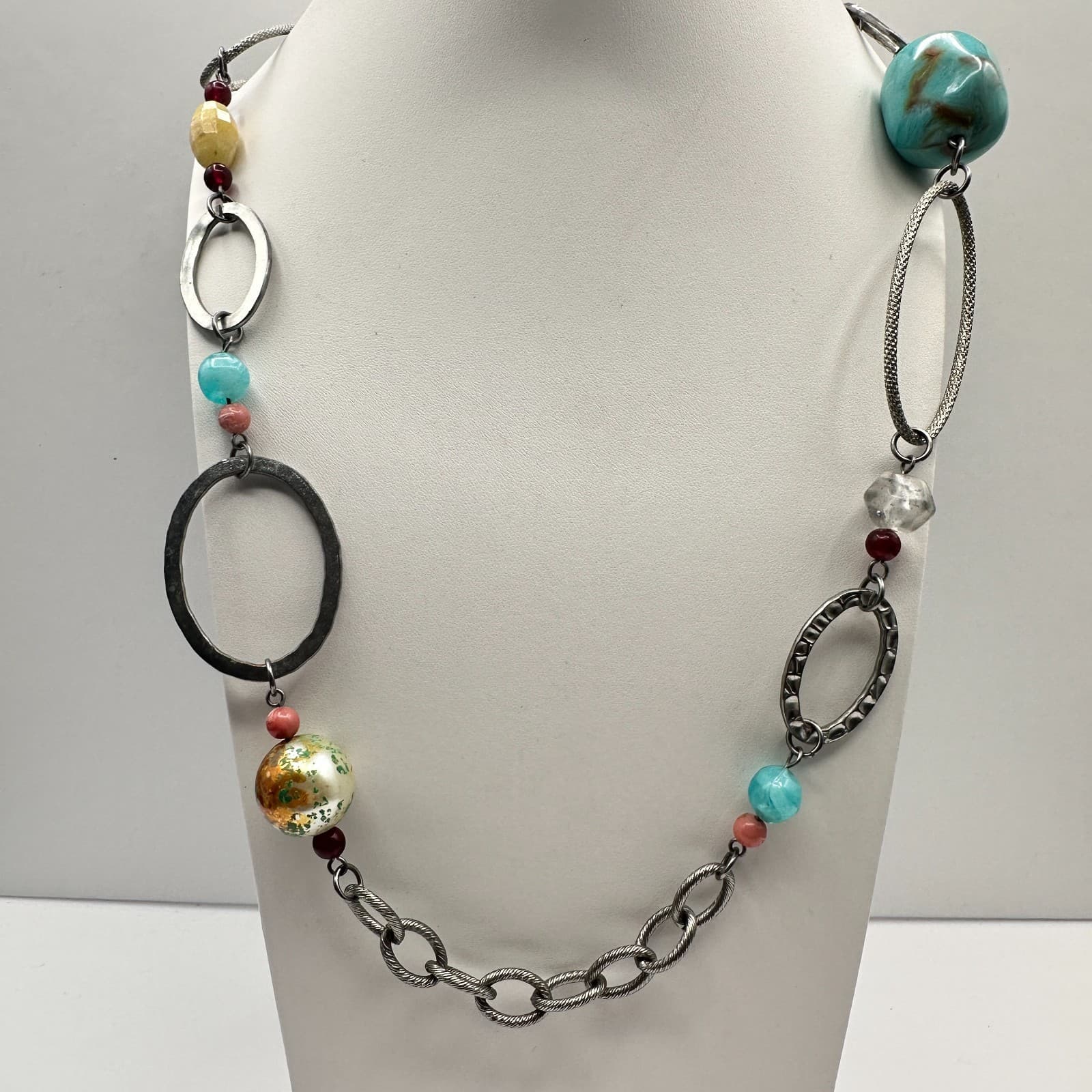 Vintage 90s Boho Multi-Color Stones Chunky Bead Chain Necklace Women's Jewelry - Image 1