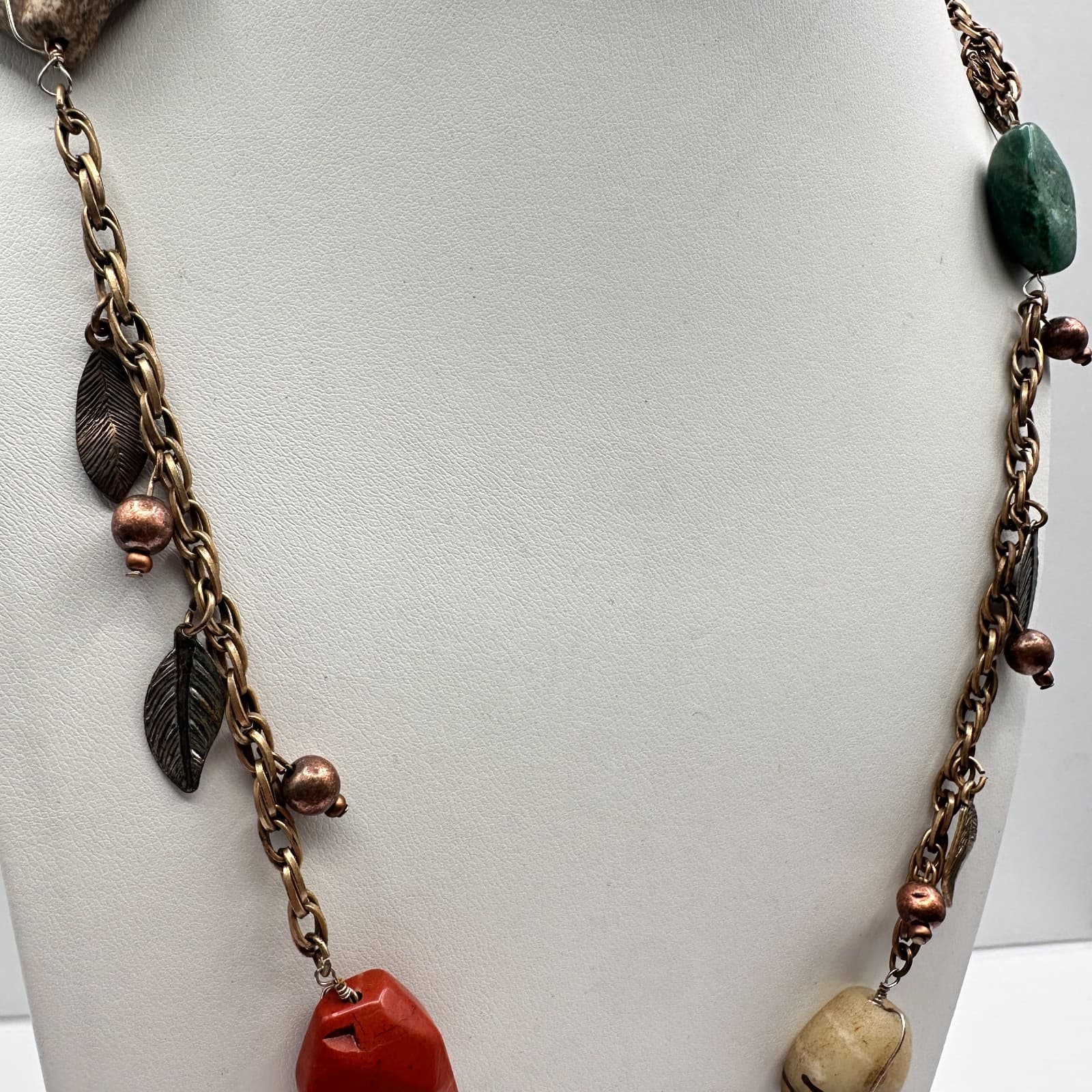 Vintage 80s Bohemian Mixed Stone & Metal Leaf Statement Choker Neckless Jewelry - Thumbnail 6