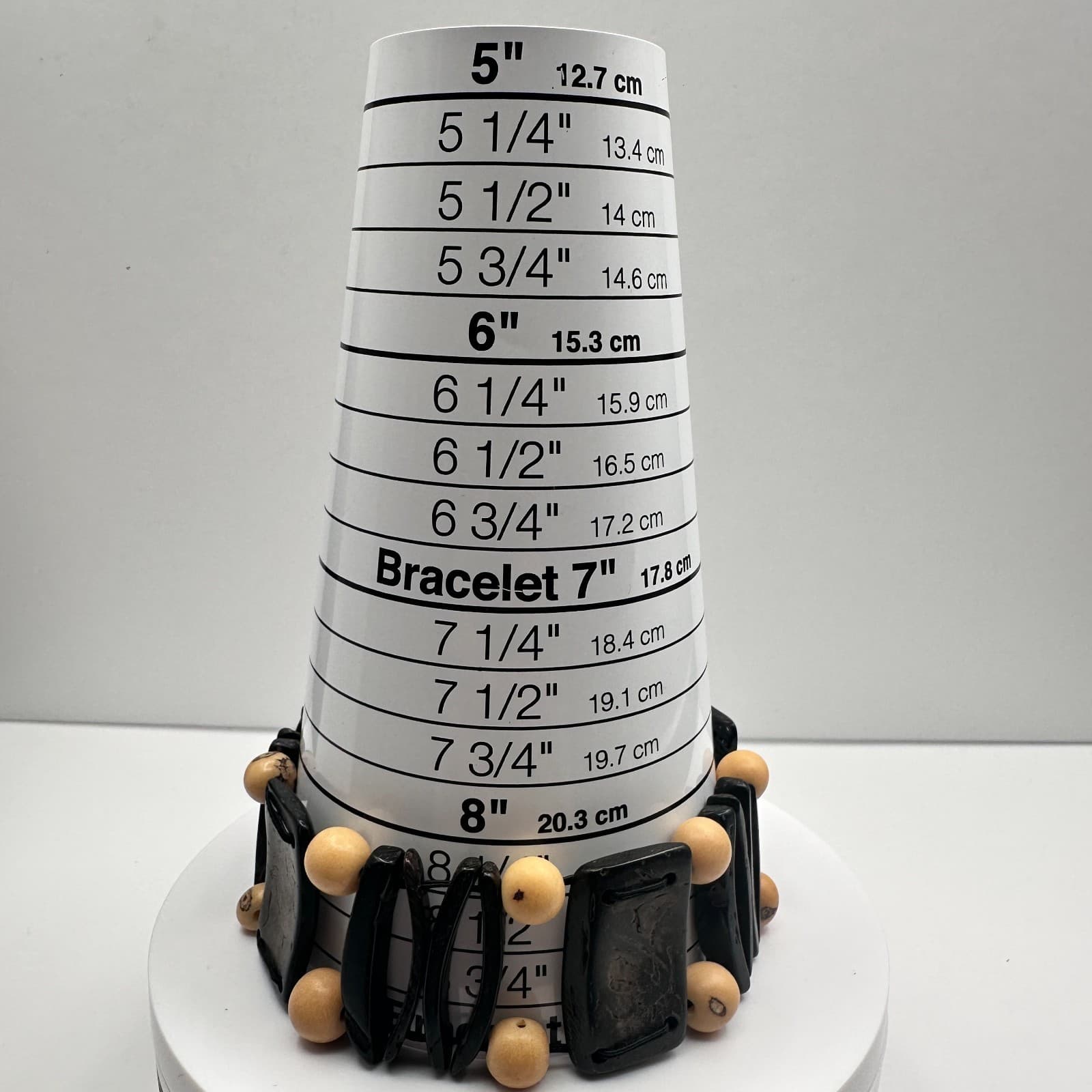 Vintage 80s 90s Chunky Black Coconut Shell & Tan Wood Bead Stretch Bracelet - Thumbnail 10