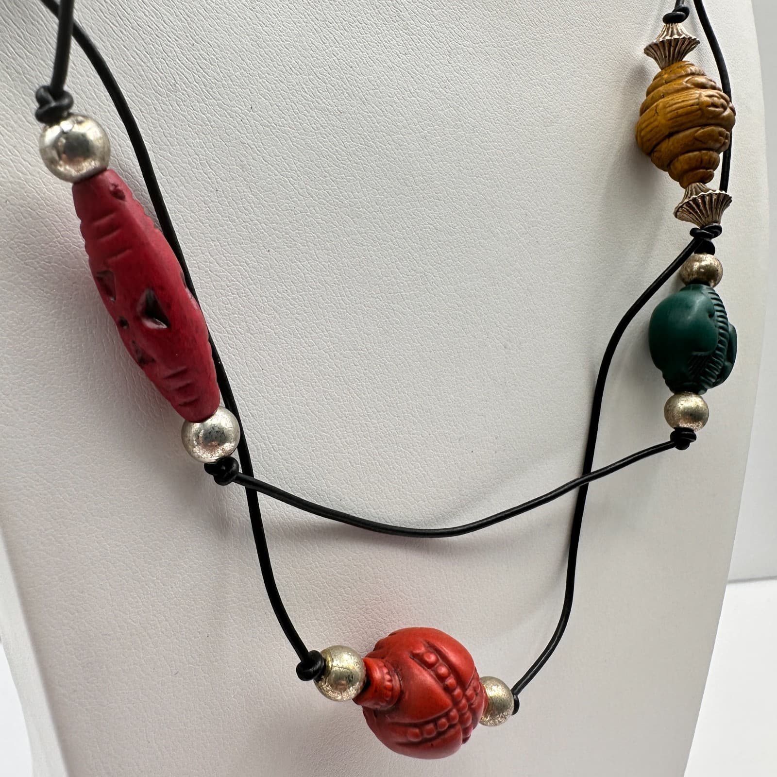 Vintage 80s Multi-Colour Boohoo Carved Wood & Bead Necklaces Jewelry - Thumbnail 4