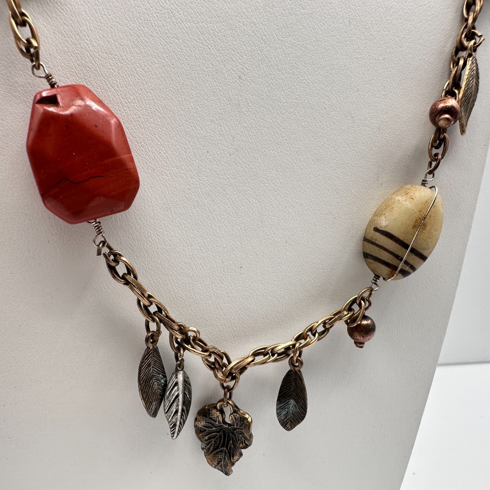 Vintage 80s Bohemian Mixed Stone & Metal Leaf Statement Choker Neckless Jewelry - Thumbnail 2