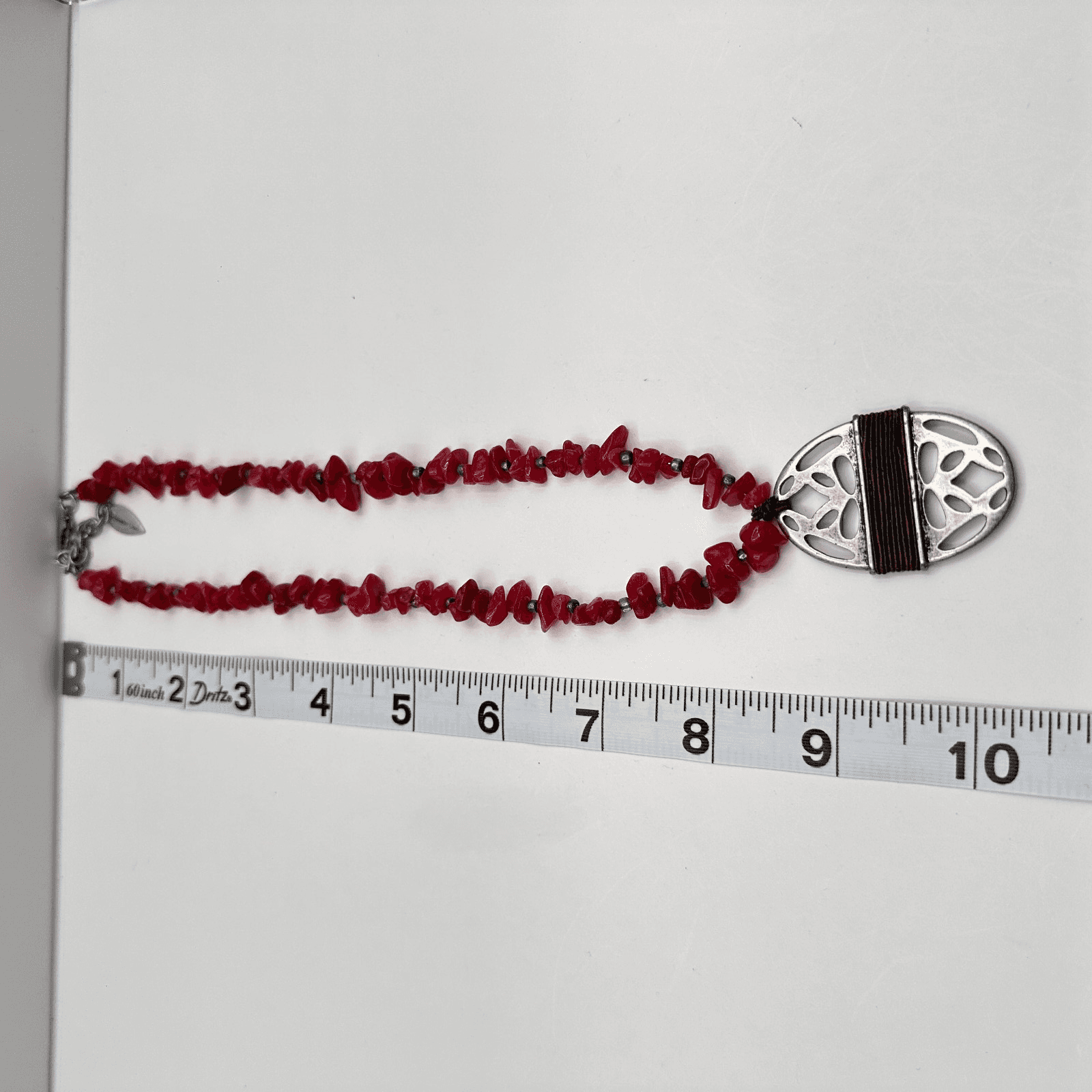 Vintage 90s Boho Creek Necklace Red Stone Chips Beads Silver Tone Pendant - Thumbnail 12