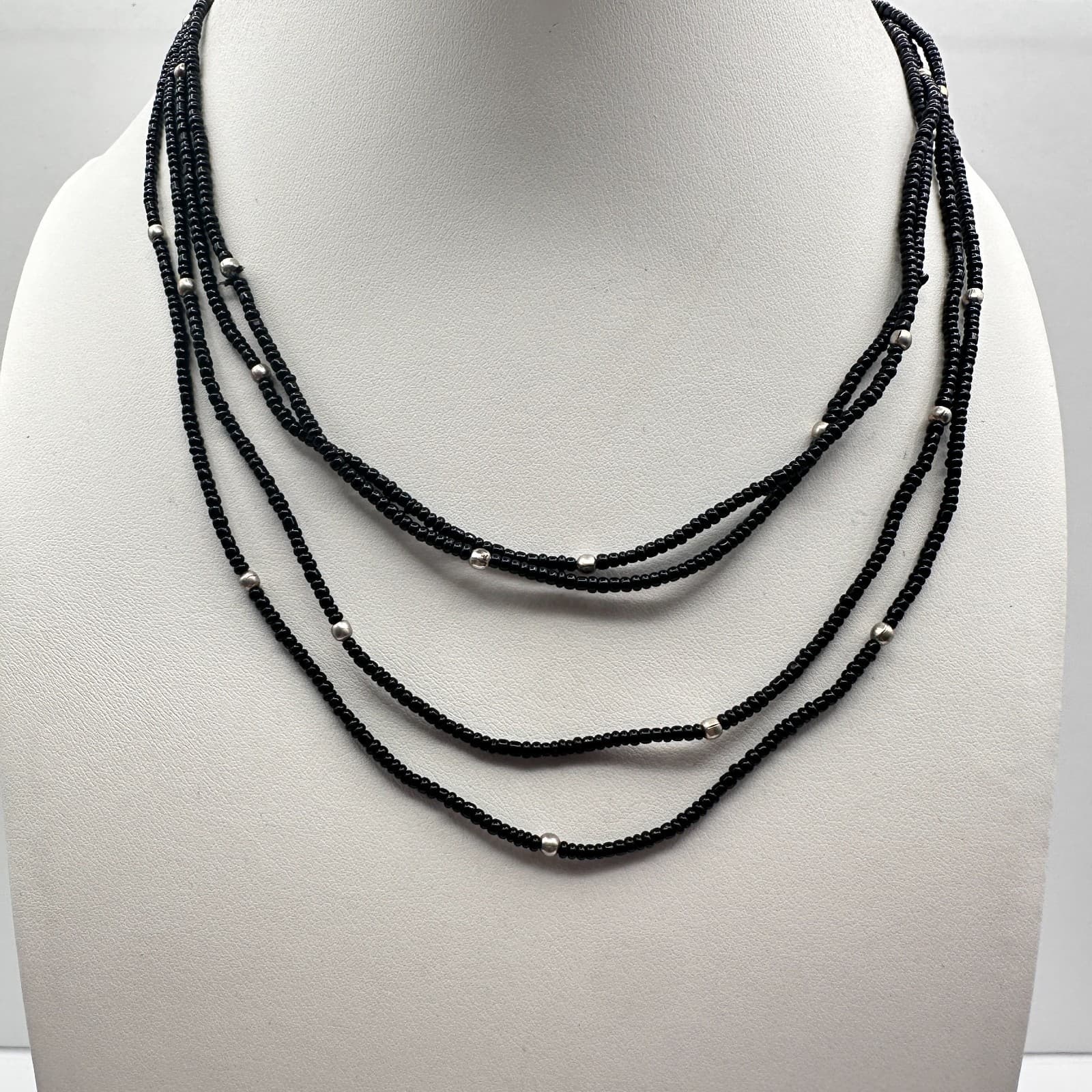 Vintage 90s Long Strand Black Seed Bead Necklace Silver Tone Accents Jewelry - Image 1