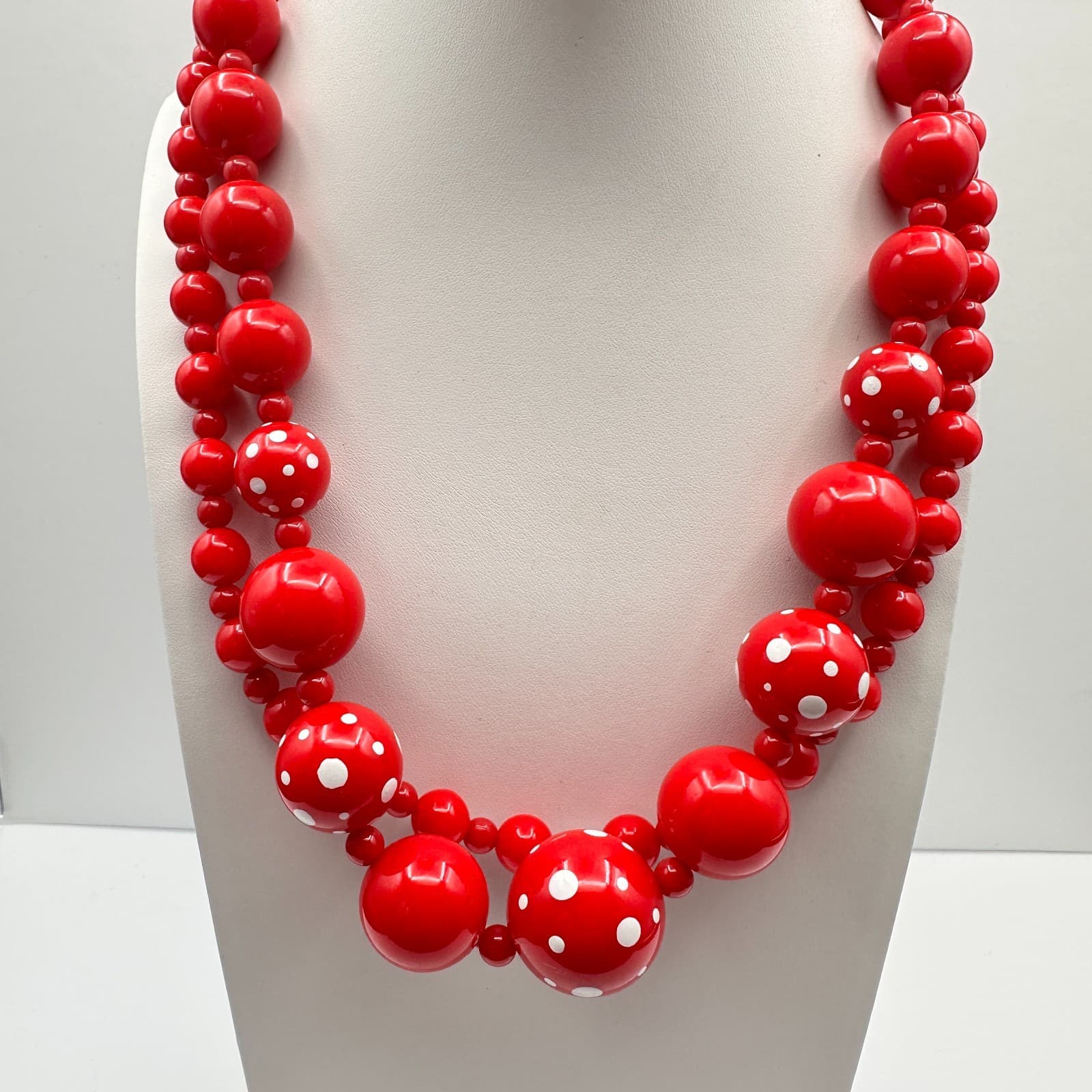 Vintage 90s Red & White Polka Dot Graduated Bubble Bead Collar Necklace Jewelry - Thumbnail 7