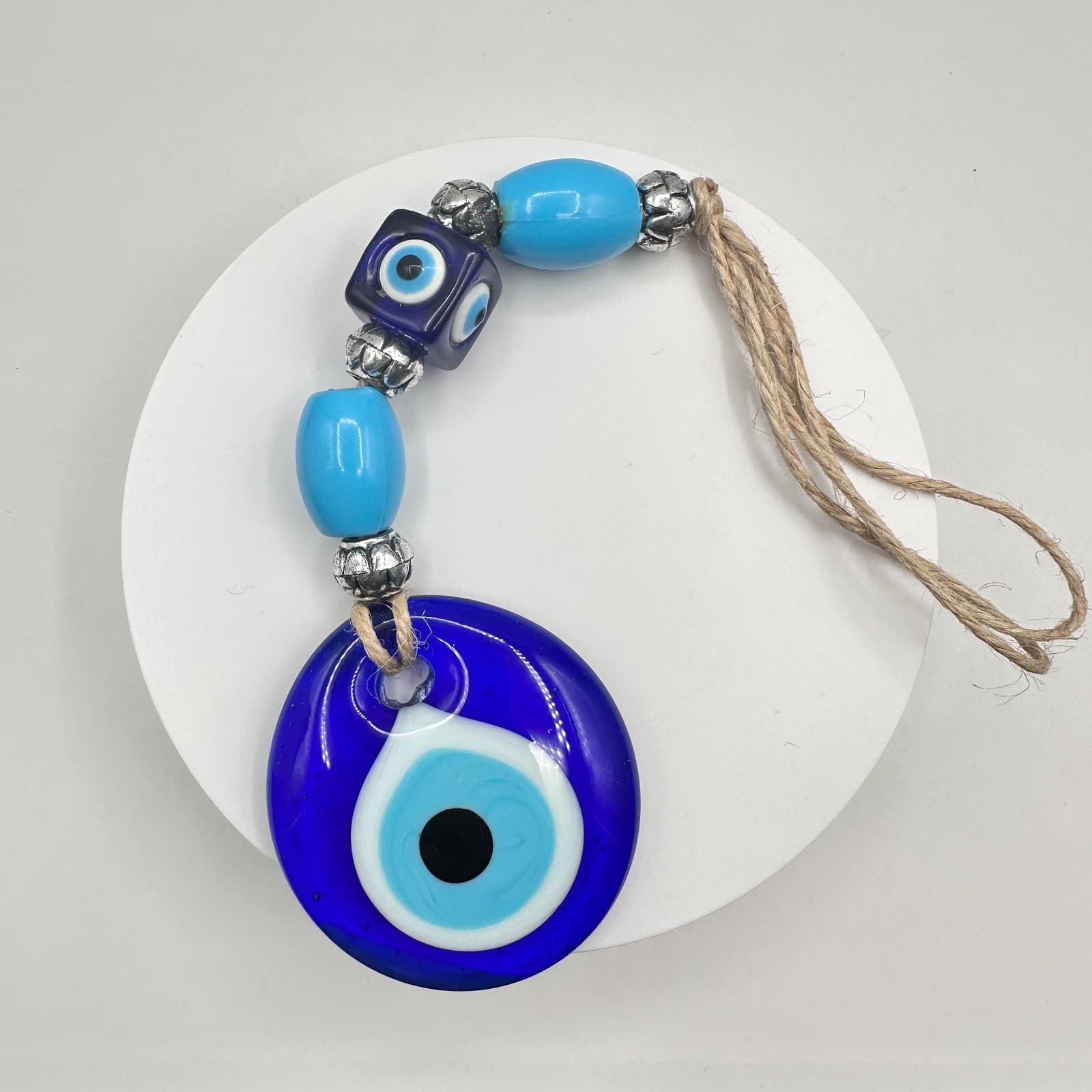 Vintage 90s Evil Eye Blue Glass Amulet Wall Hanging Protection Pendant Jewelry - Image 1