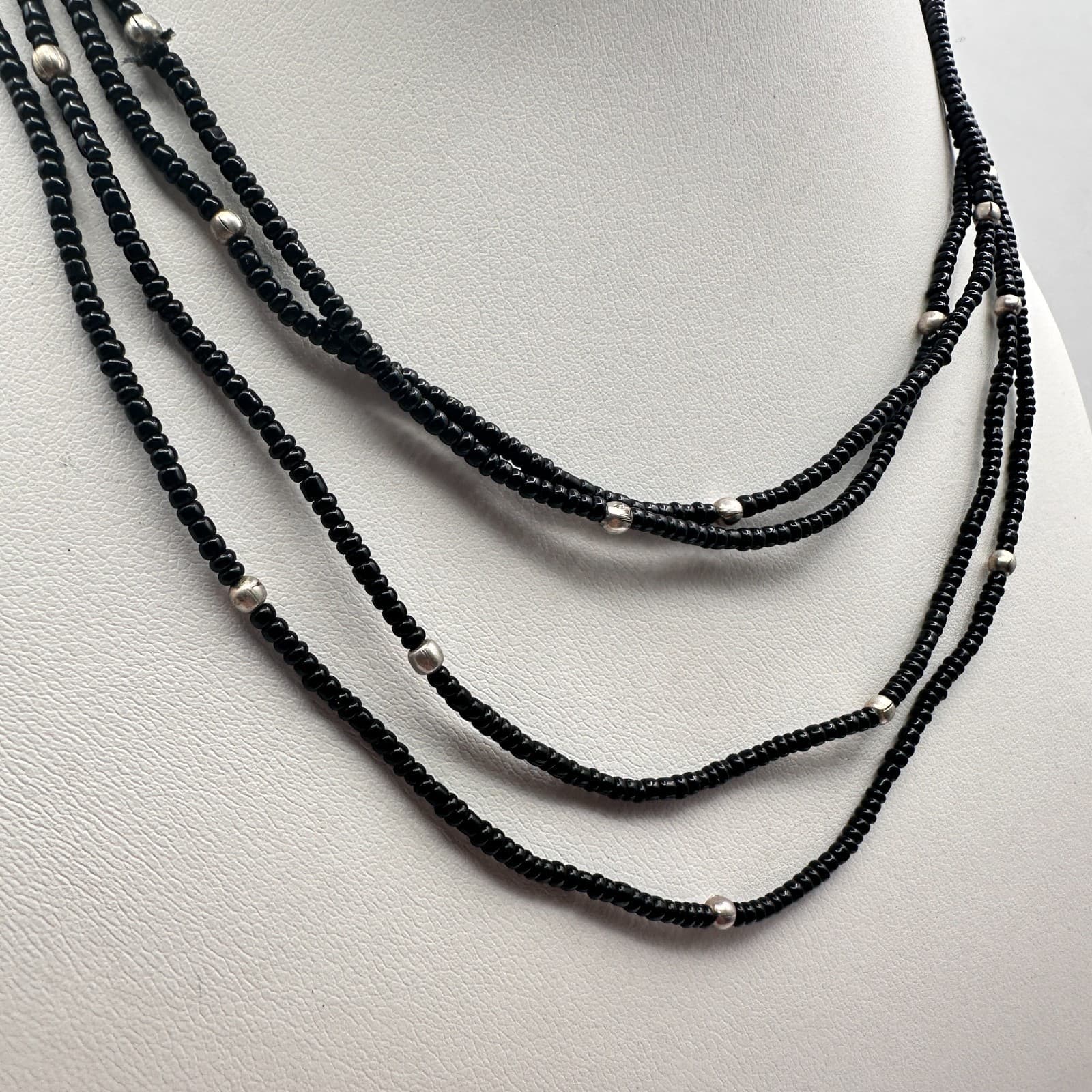 Vintage 90s Long Strand Black Seed Bead Necklace Silver Tone Accents Jewelry - Thumbnail 2