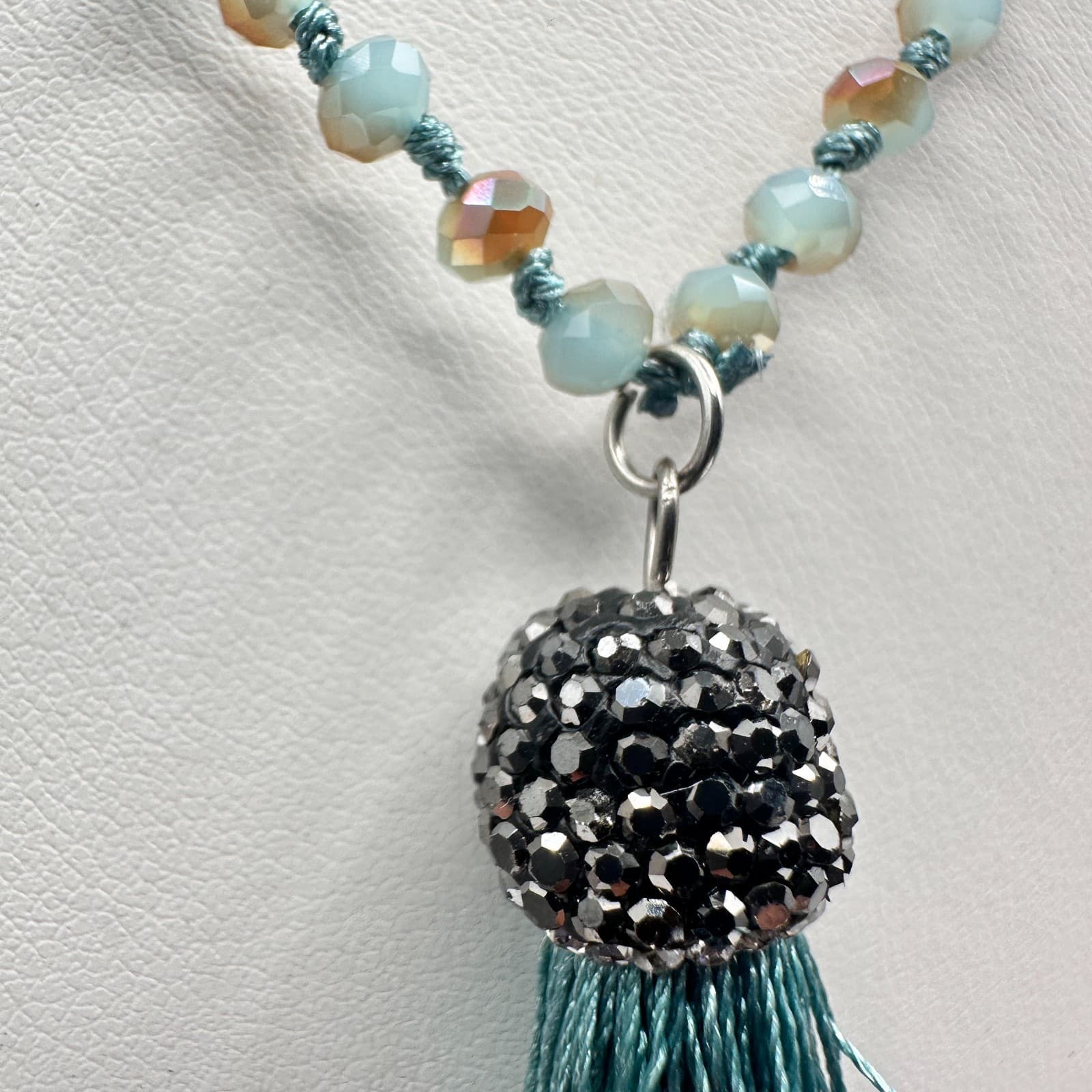 Vintage 90s Long Teal Blue Beaded Tassel Necklace Boho Statement Women's Jewelry - Thumbnail 4