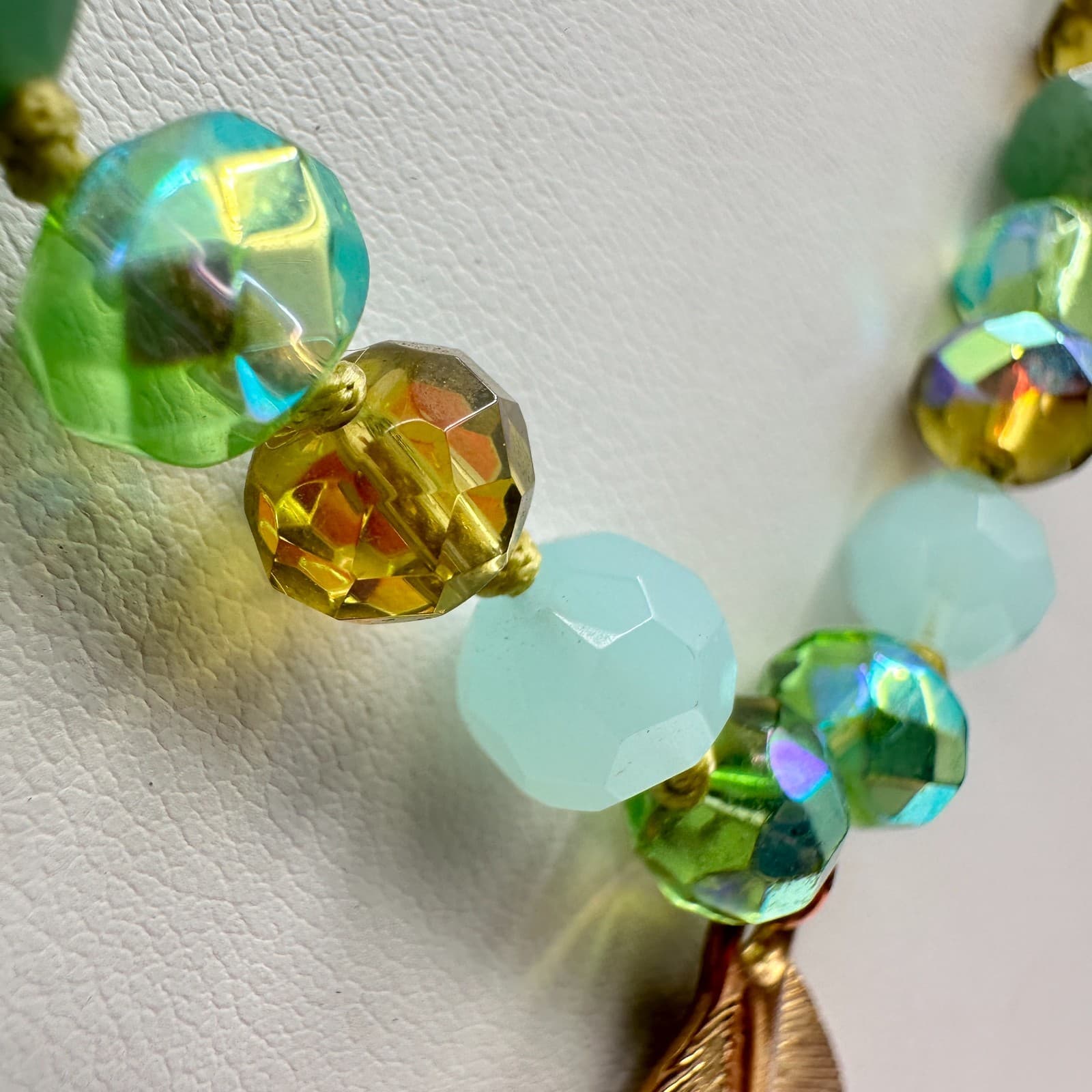 Vintage 90s C-Lee Green & Clear Faceted Glass Bead Necklace Leaf Pendant Jewelry - Thumbnail 5