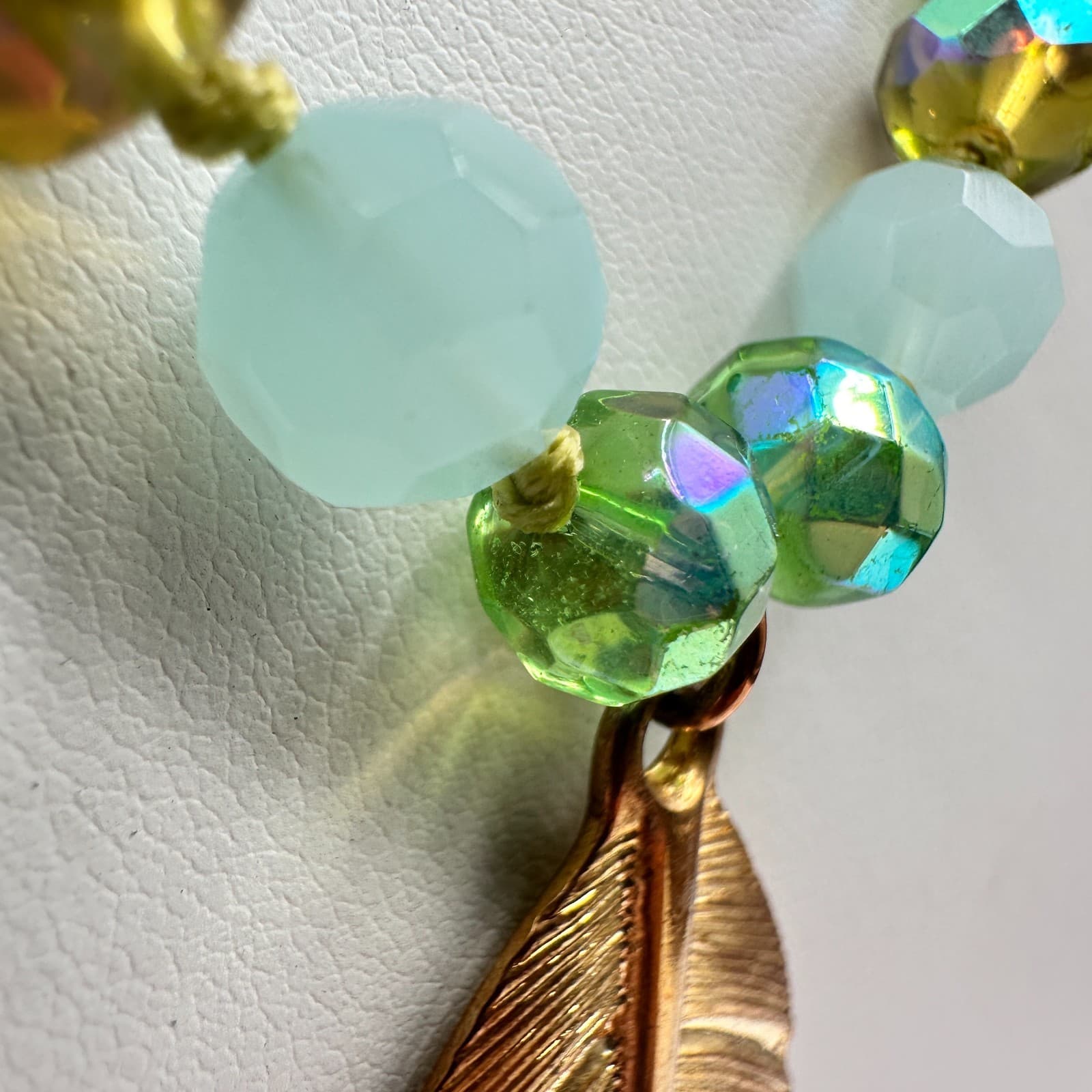 Vintage 90s C-Lee Green & Clear Faceted Glass Bead Necklace Leaf Pendant Jewelry - Thumbnail 6