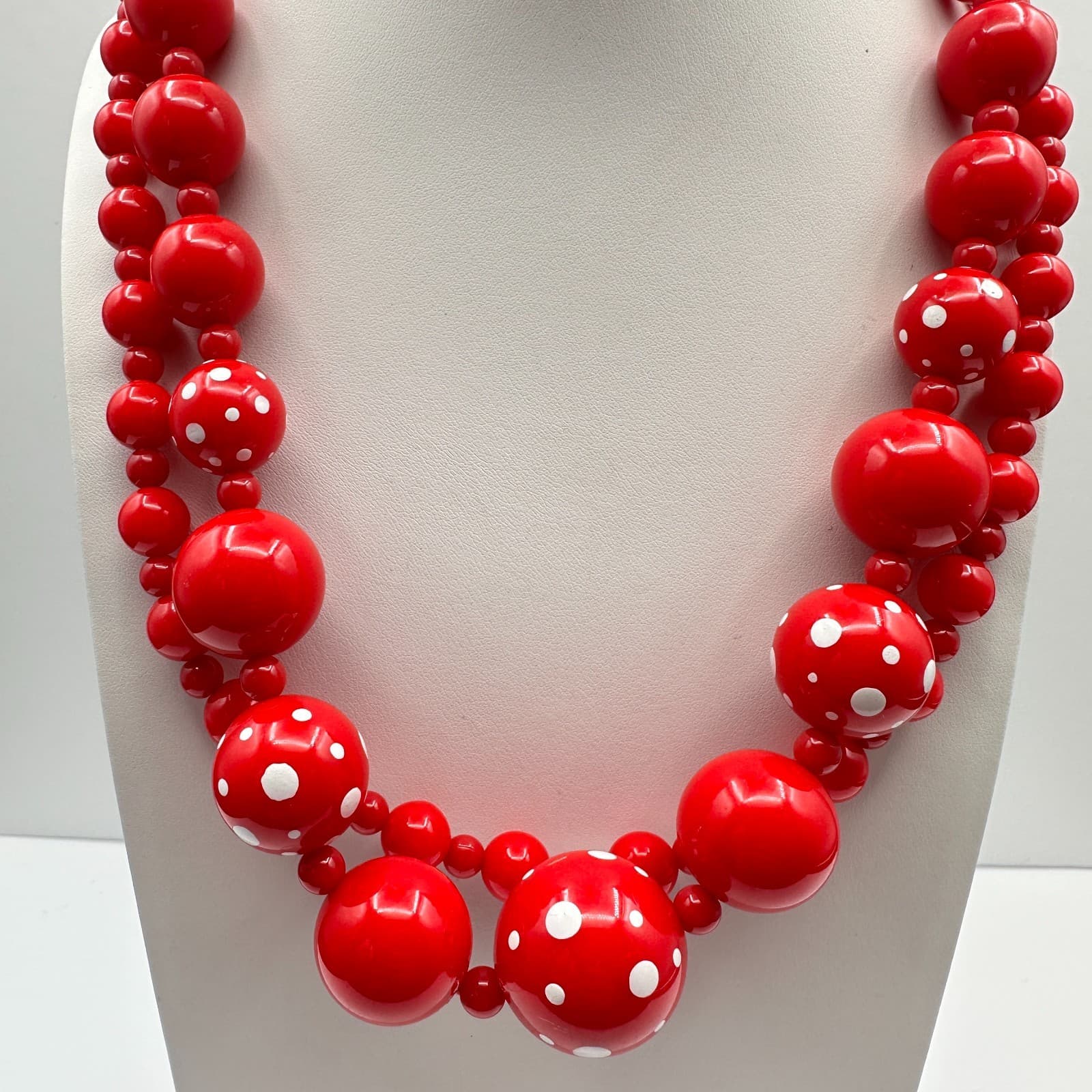 Vintage 90s Red & White Polka Dot Graduated Bubble Bead Collar Necklace Jewelry - Thumbnail 8