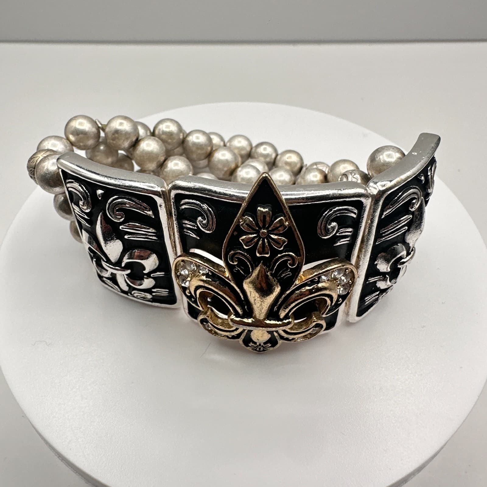 Vintage 90s Fleur De Lis Panel Stretch Bracelet Silver & Gold Tone Boho Jewelry - Image 1