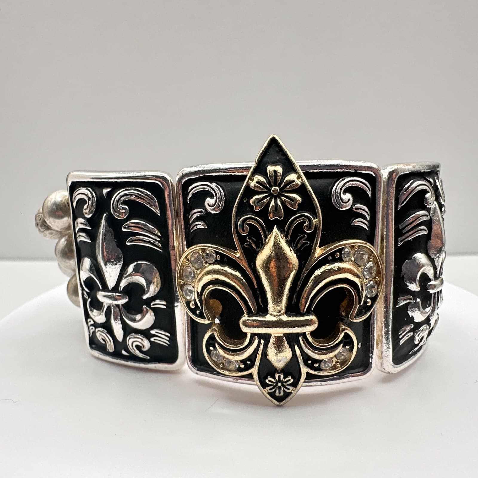 Vintage 90s Fleur De Lis Panel Stretch Bracelet Silver & Gold Tone Boho Jewelry - Thumbnail 2