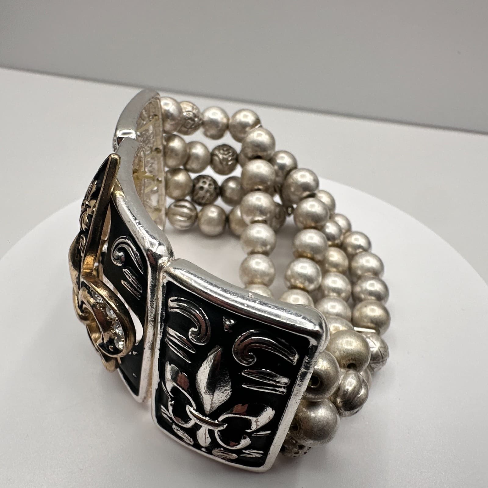 Vintage 90s Fleur De Lis Panel Stretch Bracelet Silver & Gold Tone Boho Jewelry - Thumbnail 6