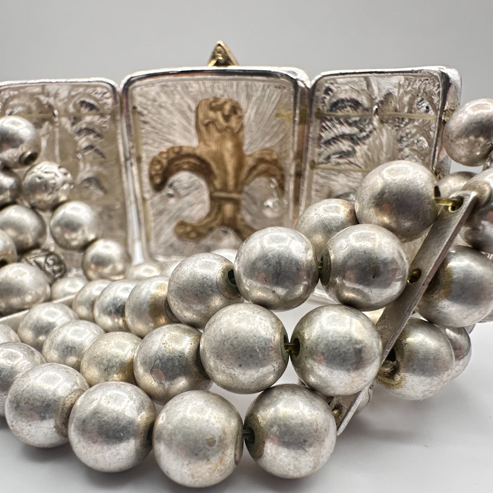 Vintage 90s Fleur De Lis Panel Stretch Bracelet Silver & Gold Tone Boho Jewelry - Thumbnail 10