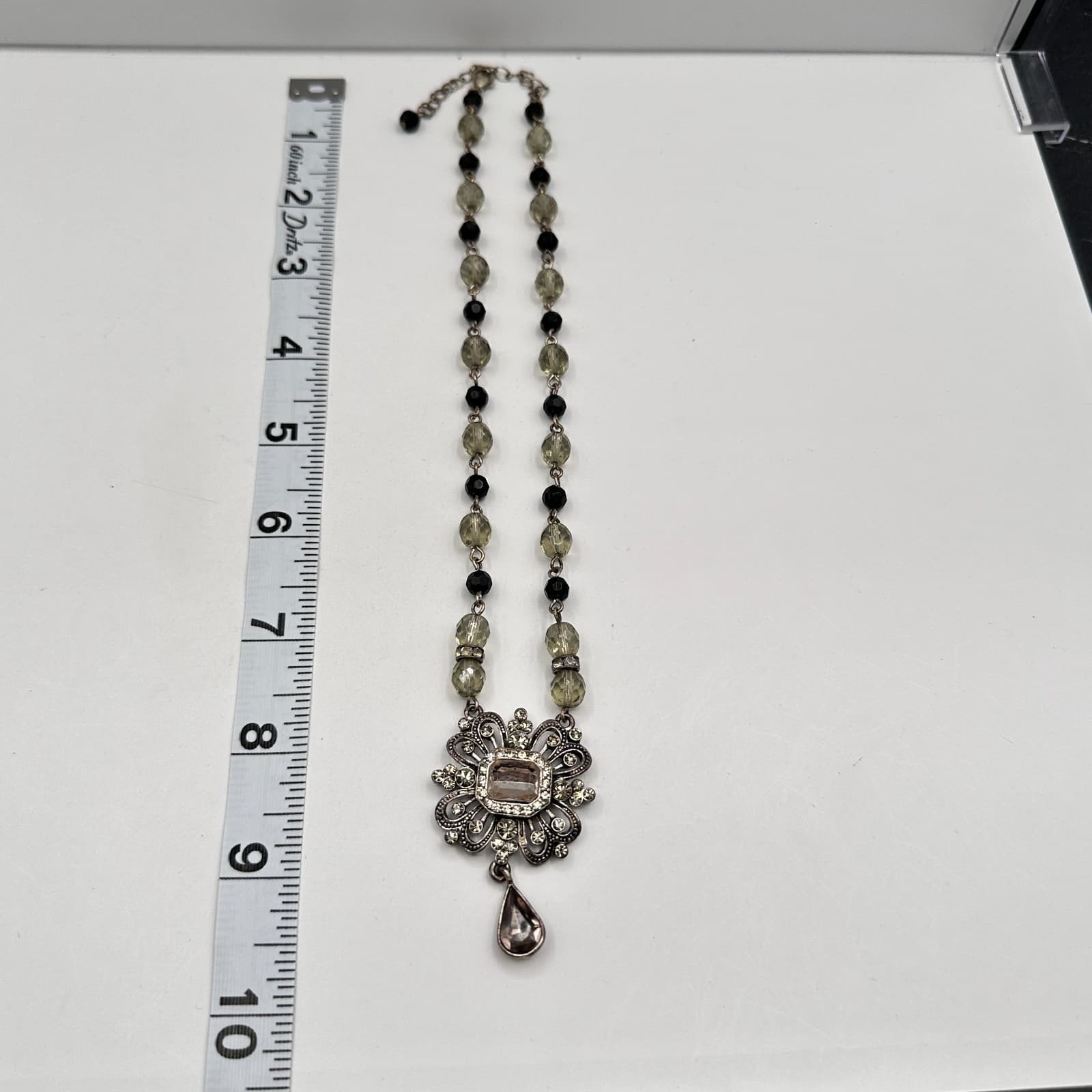 Vintage 90s Silver Tone Floral Pendant Necklace Glass Beaded Women's Jewelry - Thumbnail 12