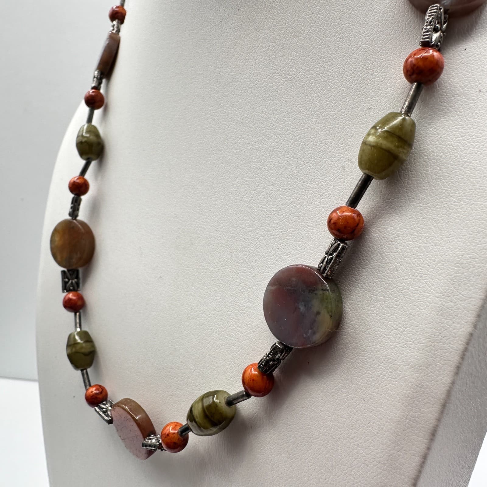 Vintage 90s Earth Tone Mixed Stones Beaded Silver Tone Necklace Women's Jewelry - Thumbnail 9