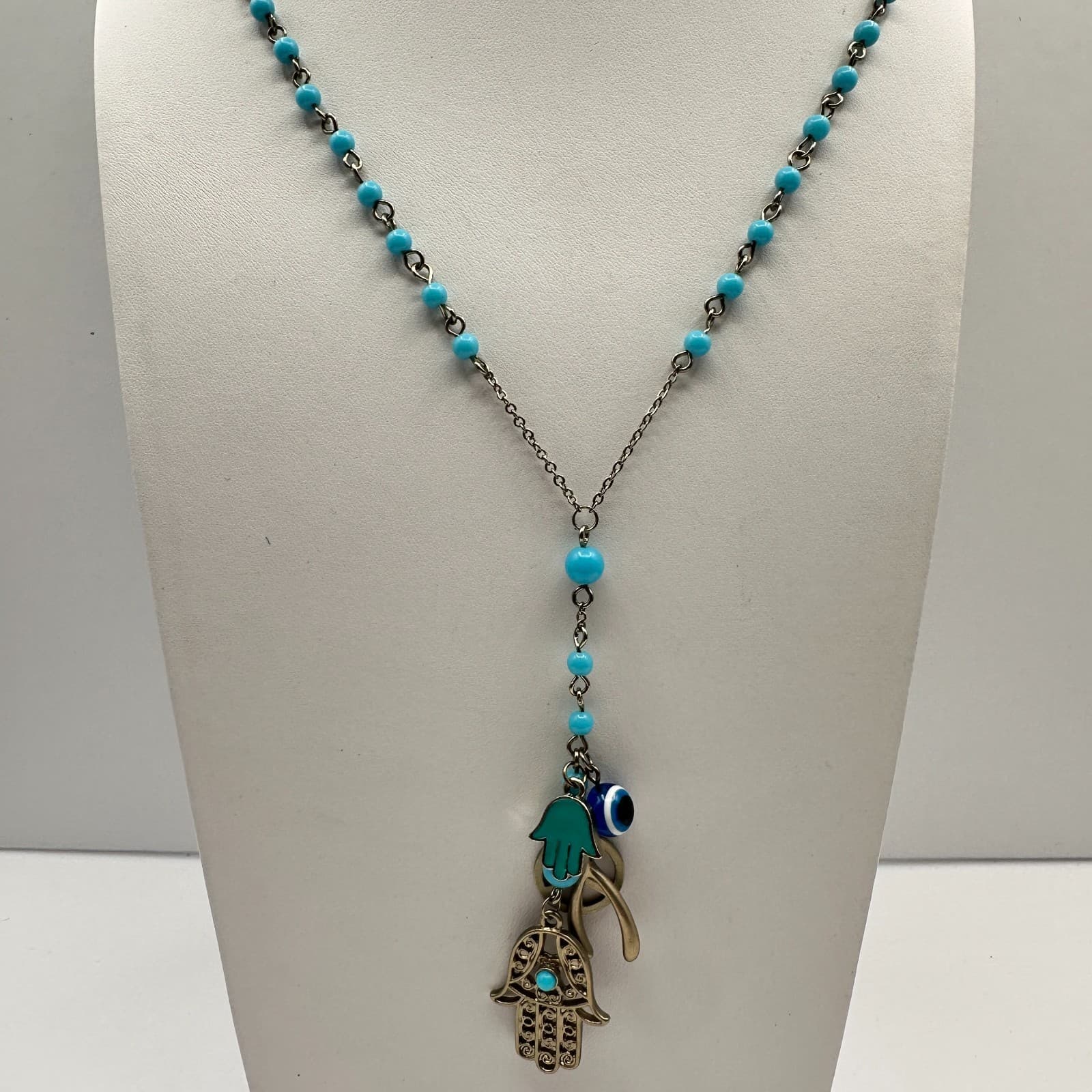 Vintage 90s Y2K Hamsa Evil Eye Gold Tone Necklace Blue Beads Boho Luck Jewelry - Image 1