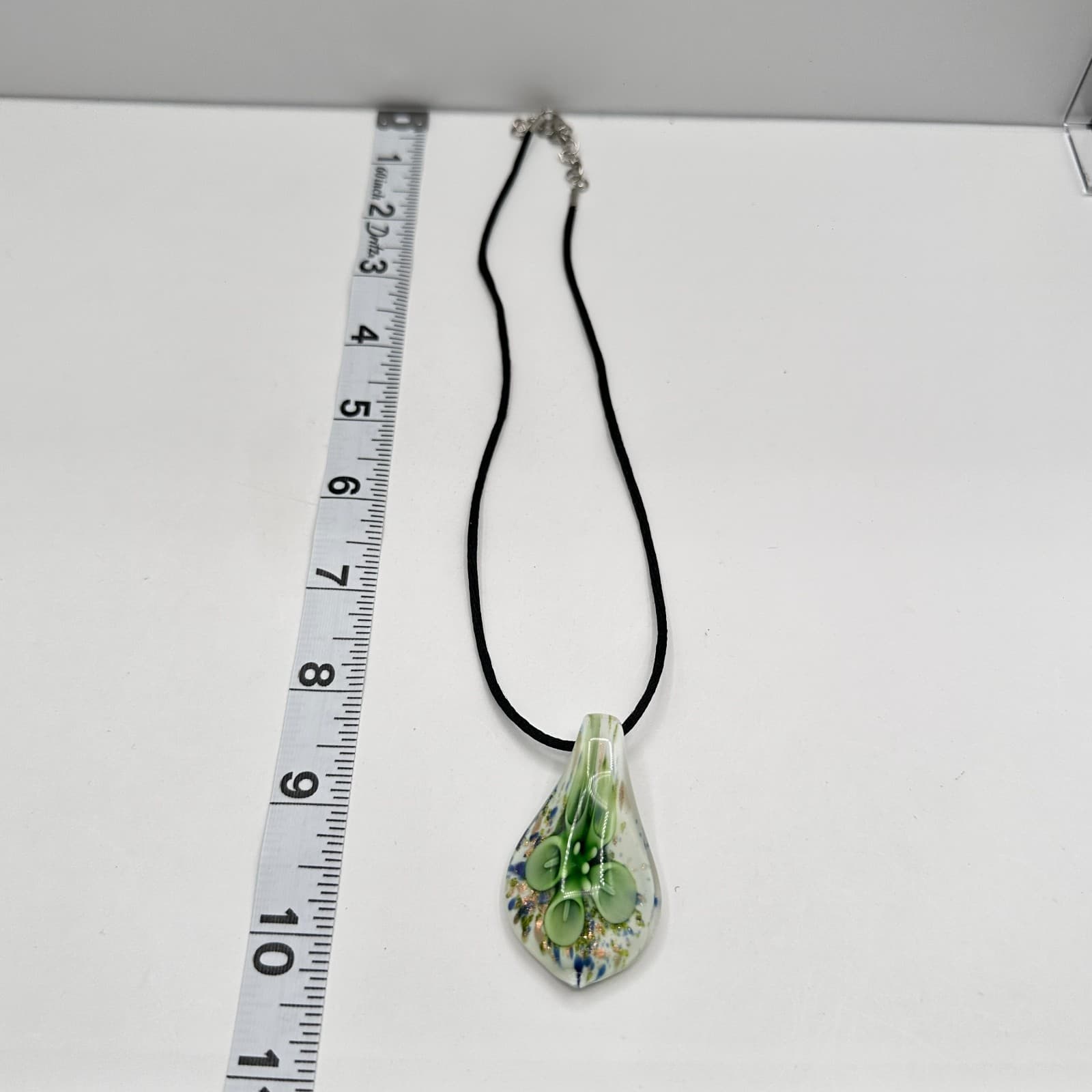 Vintage 90s Lampwork Art Glass Floral Pendant Necklace Green Calla Lily Jewelry - Thumbnail 11