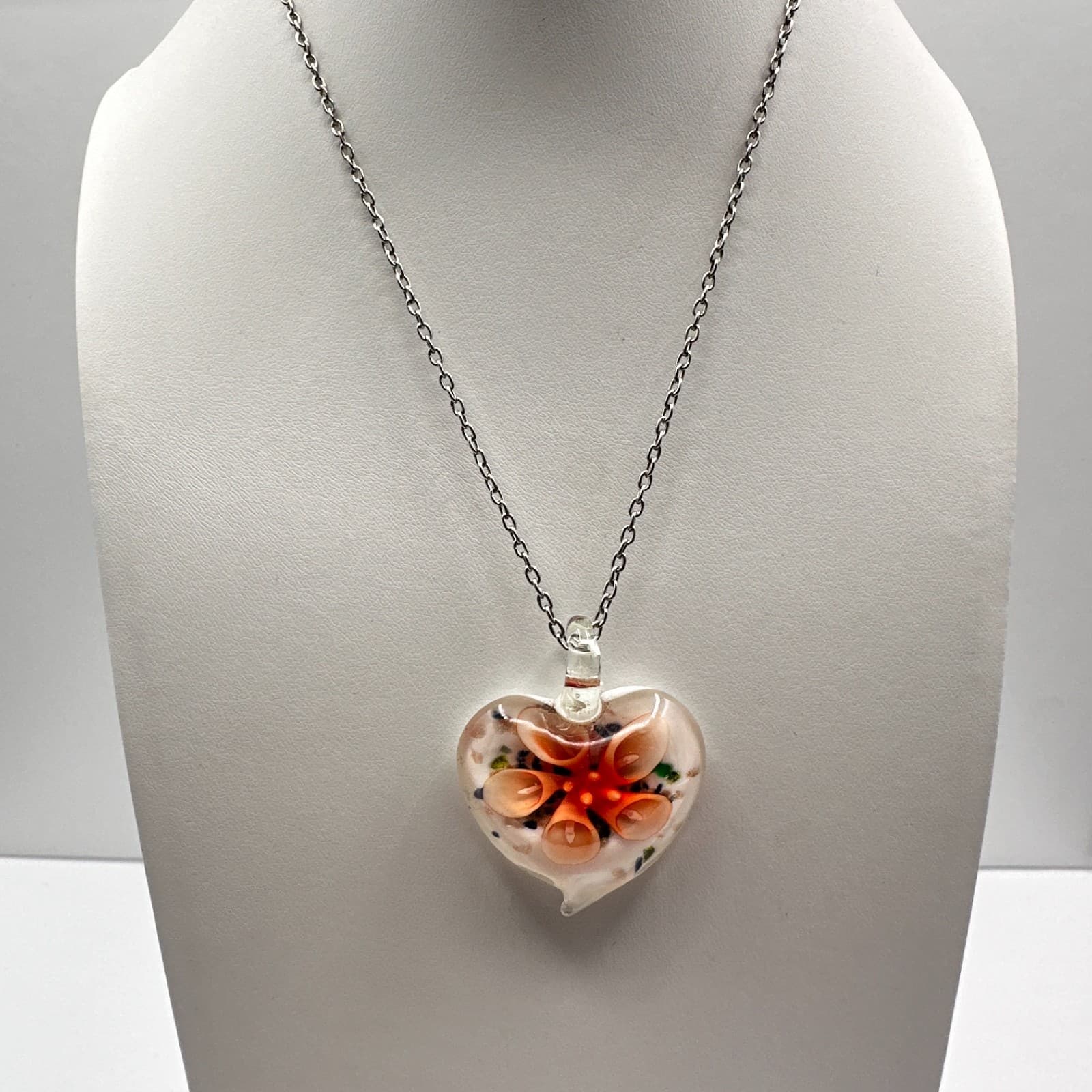 Vintage 90s Art Glass Heart Pendant Necklace Orange Floral Millefiori Jewelry - Thumbnail 8