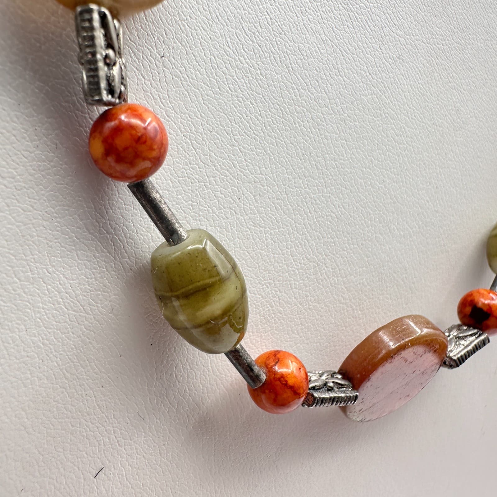 Vintage 90s Earth Tone Mixed Stones Beaded Silver Tone Necklace Women's Jewelry - Thumbnail 4