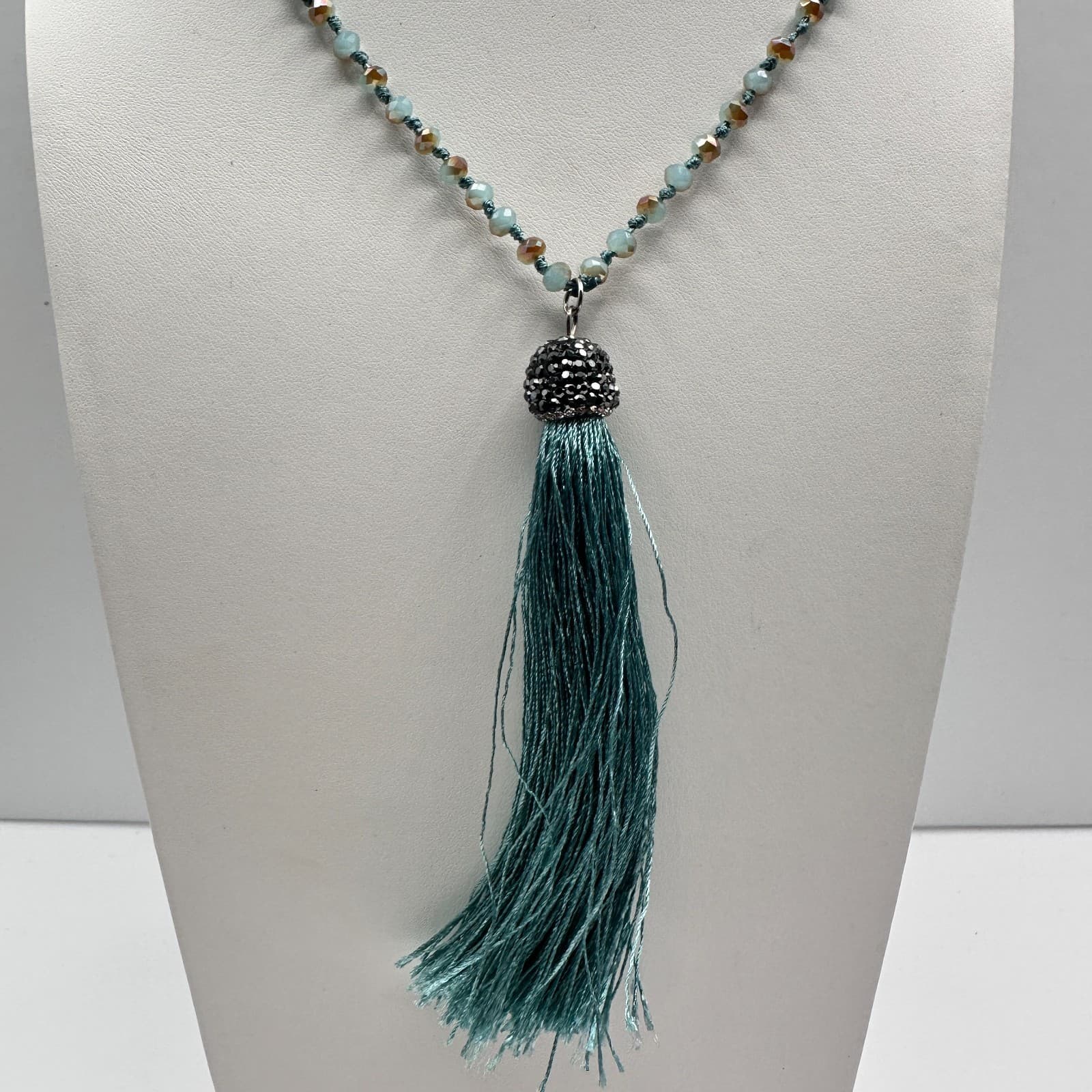 Vintage 90s Long Teal Blue Beaded Tassel Necklace Boho Statement Women's Jewelry - Thumbnail 6