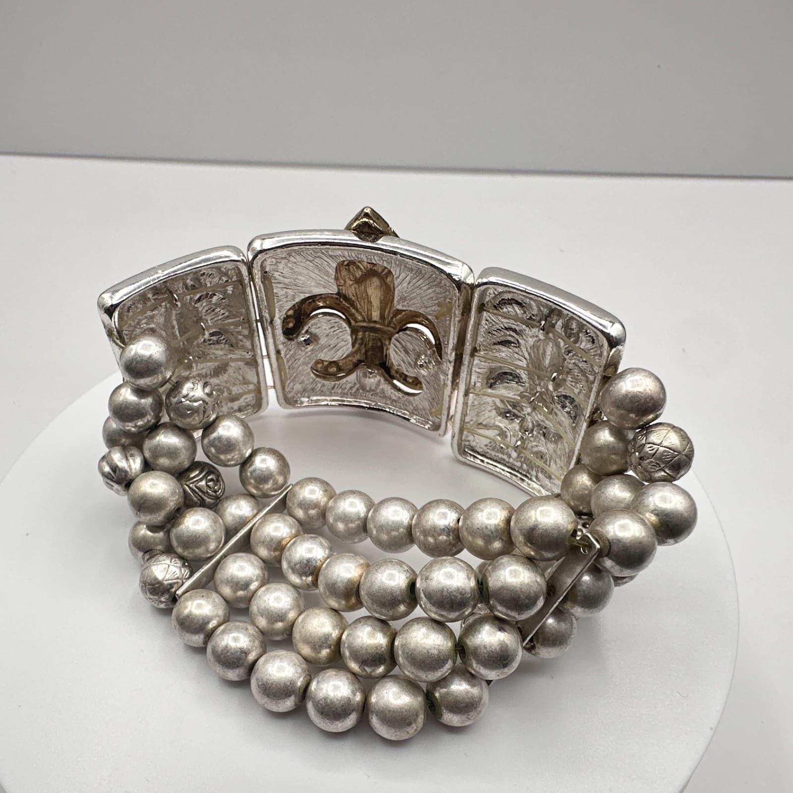 Vintage 90s Fleur De Lis Panel Stretch Bracelet Silver & Gold Tone Boho Jewelry - Thumbnail 11