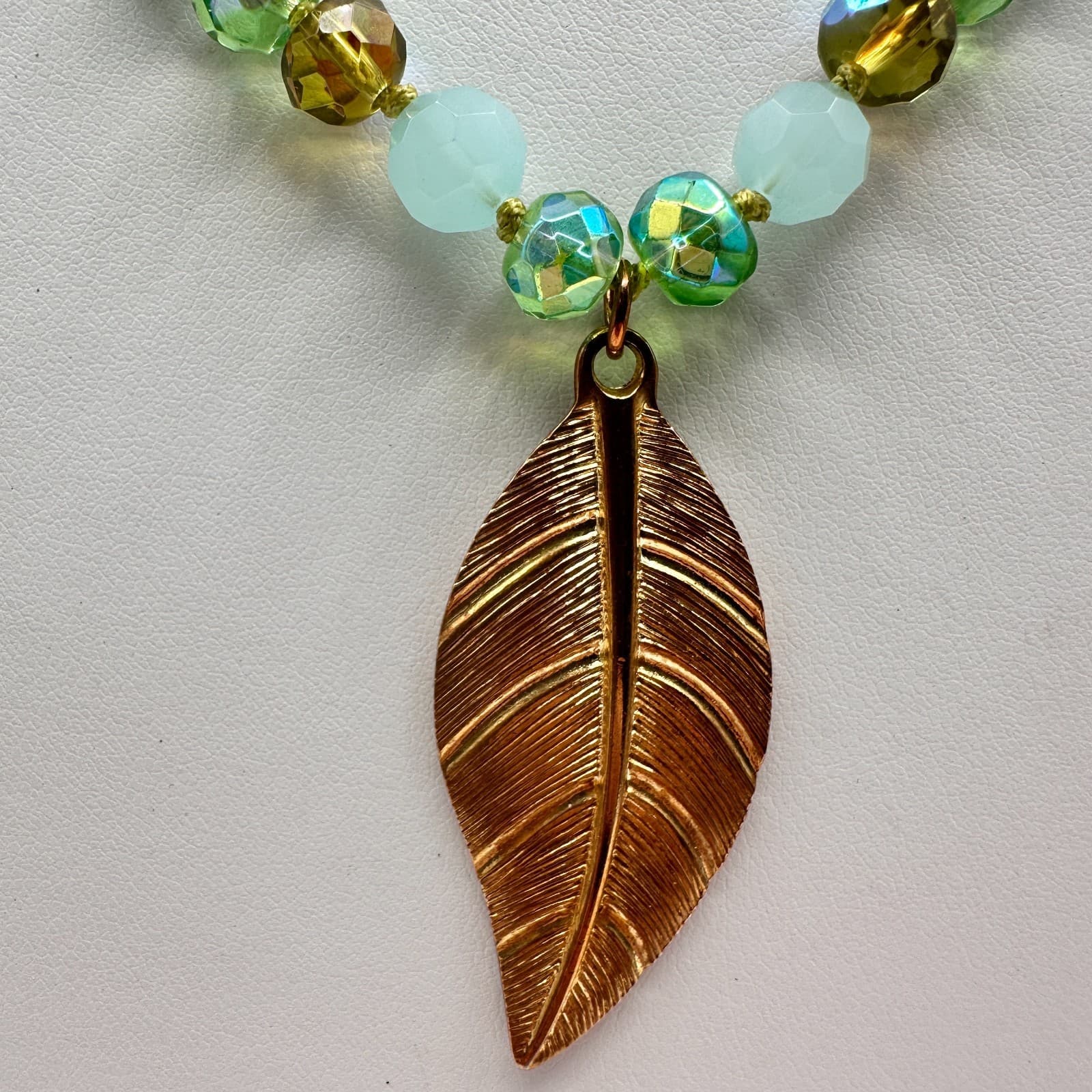 Vintage 90s C-Lee Green & Clear Faceted Glass Bead Necklace Leaf Pendant Jewelry - Thumbnail 2