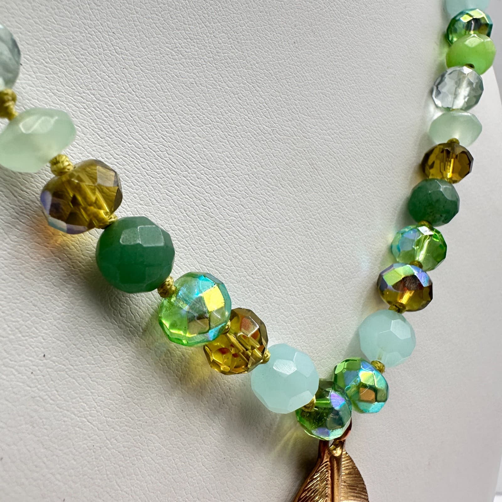 Vintage 90s C-Lee Green & Clear Faceted Glass Bead Necklace Leaf Pendant Jewelry - Thumbnail 4