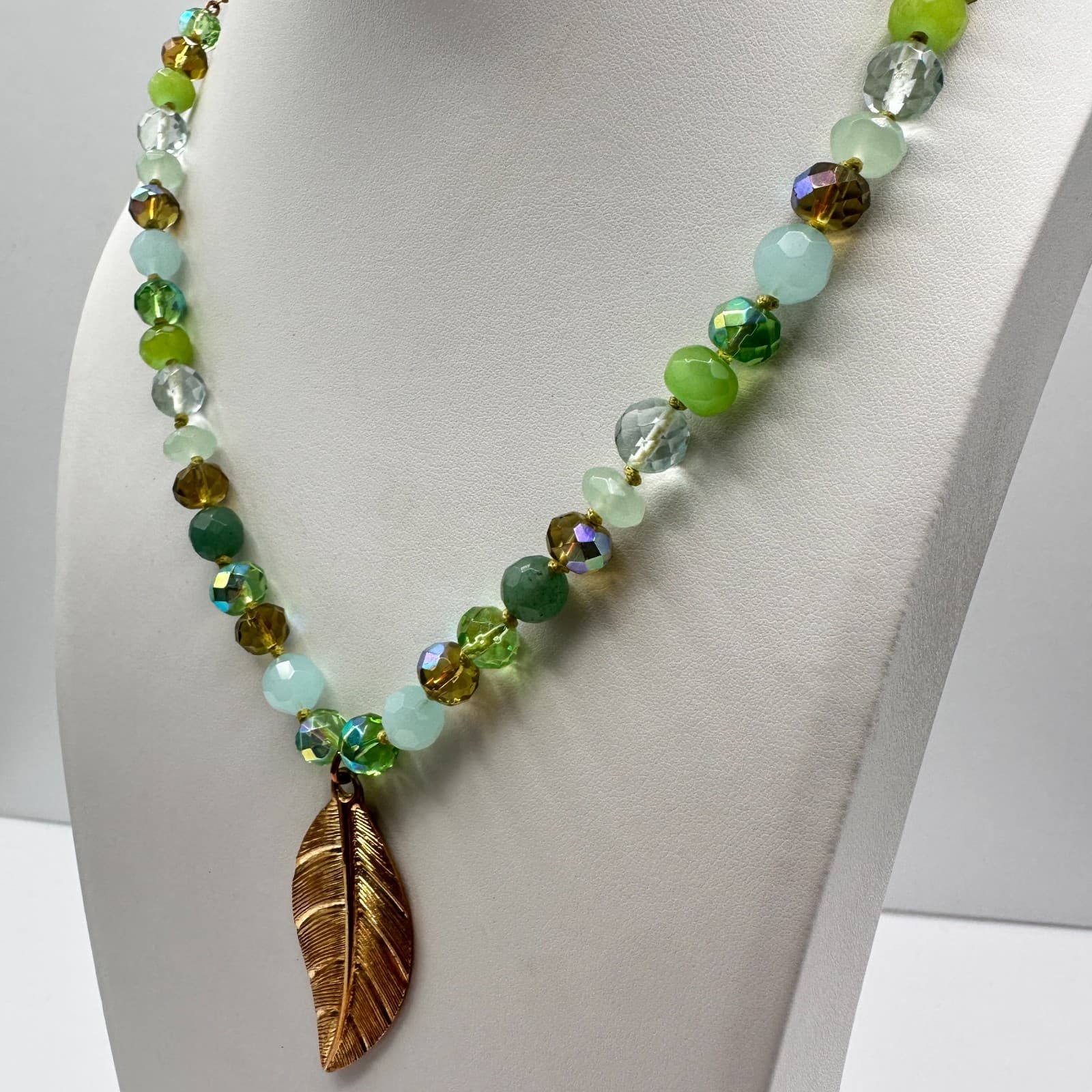 Vintage 90s C-Lee Green & Clear Faceted Glass Bead Necklace Leaf Pendant Jewelry - Thumbnail 7