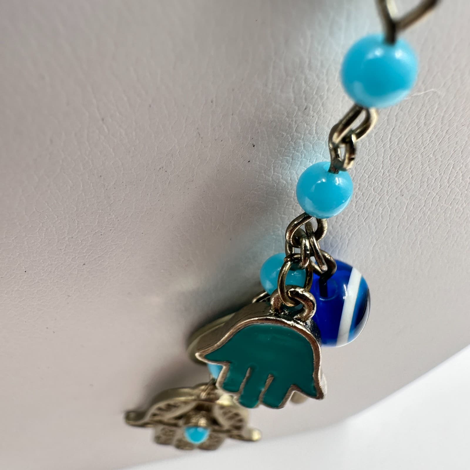 Vintage 90s Y2K Hamsa Evil Eye Gold Tone Necklace Blue Beads Boho Luck Jewelry - Thumbnail 6