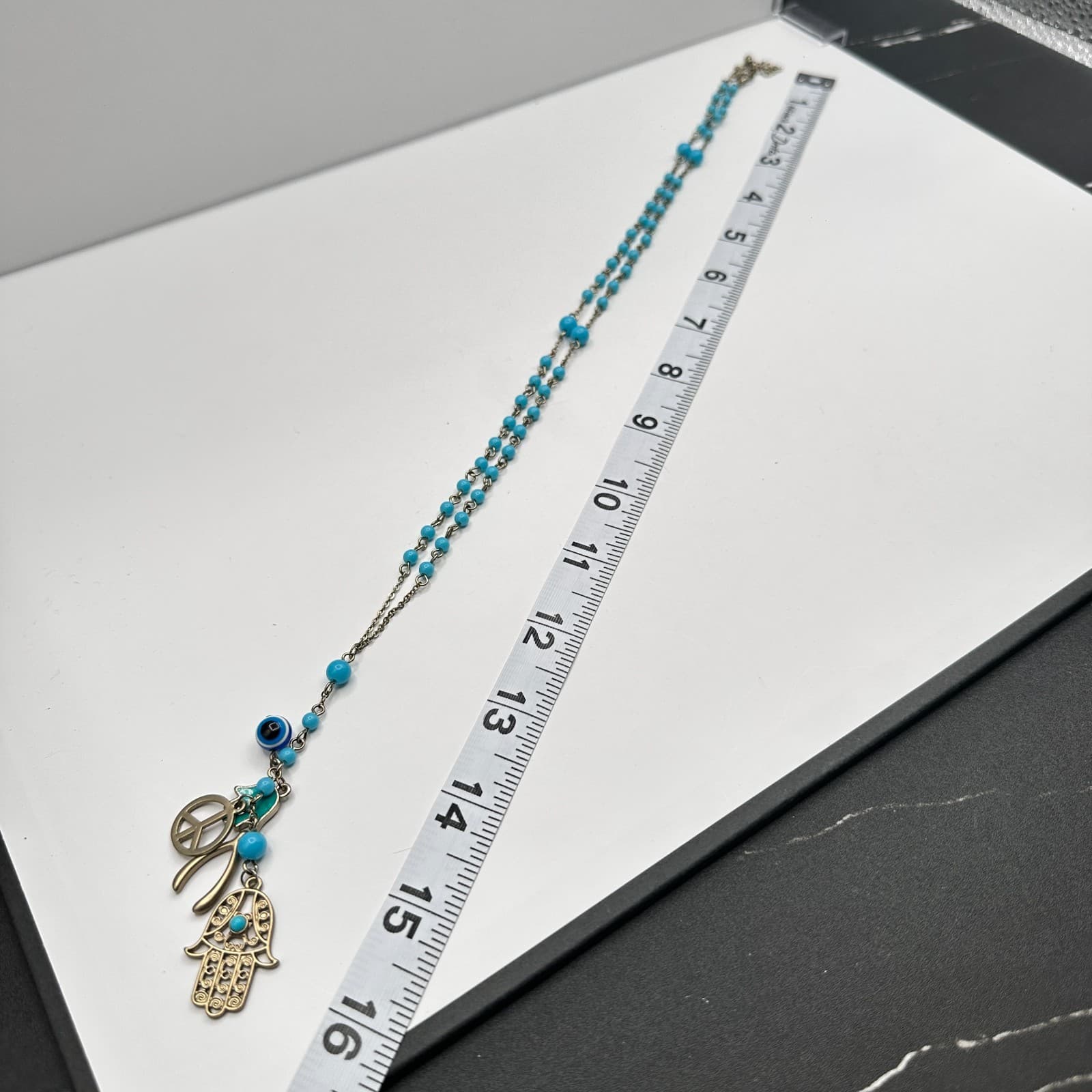 Vintage 90s Y2K Hamsa Evil Eye Gold Tone Necklace Blue Beads Boho Luck Jewelry - Thumbnail 11