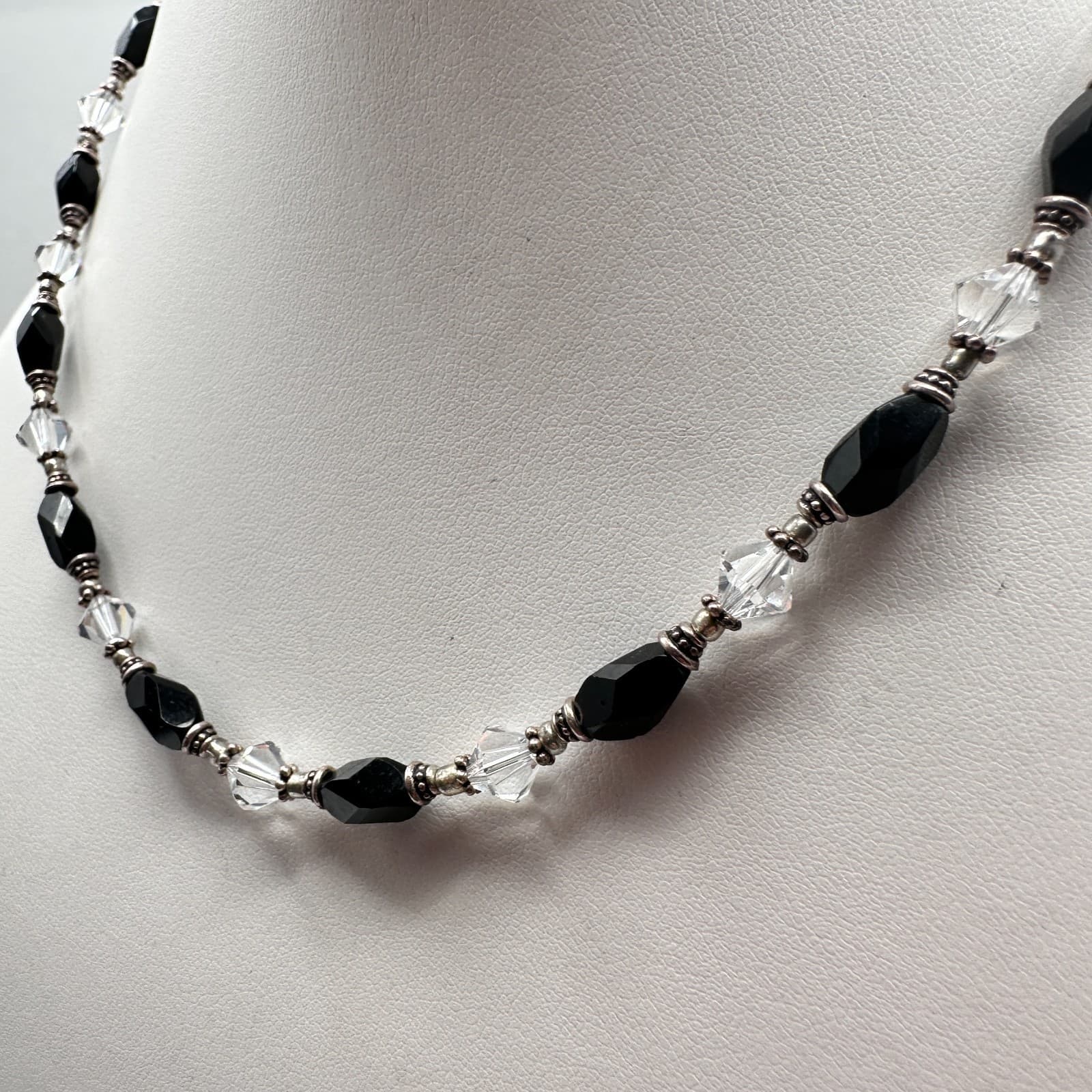 Vintage 90s Black Onyx Clear Crystal Beaded Necklace Silver Tone Boho Statement - Thumbnail 6