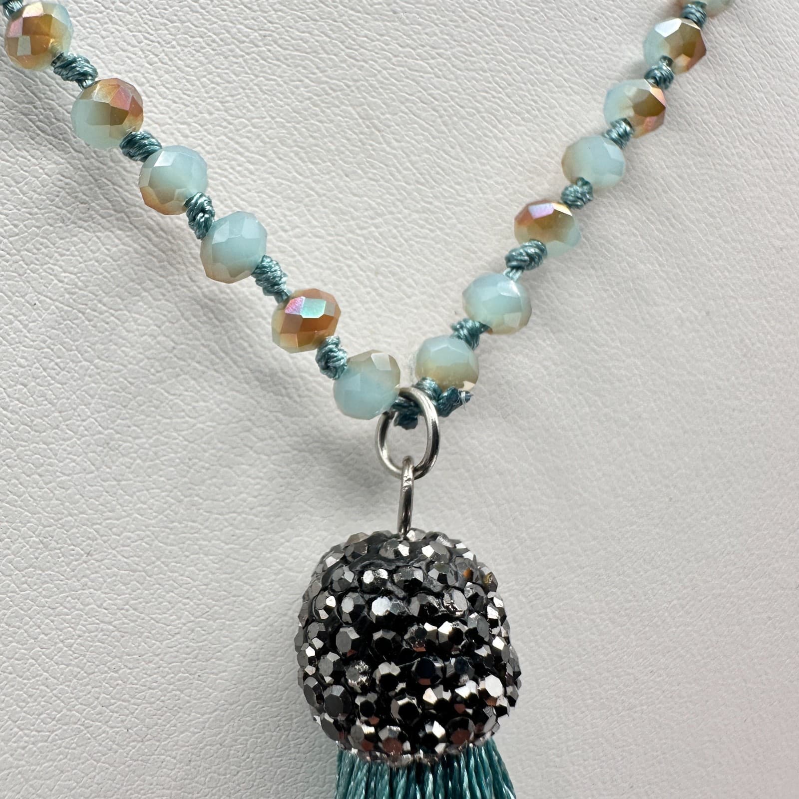 Vintage 90s Long Teal Blue Beaded Tassel Necklace Boho Statement Women's Jewelry - Thumbnail 5