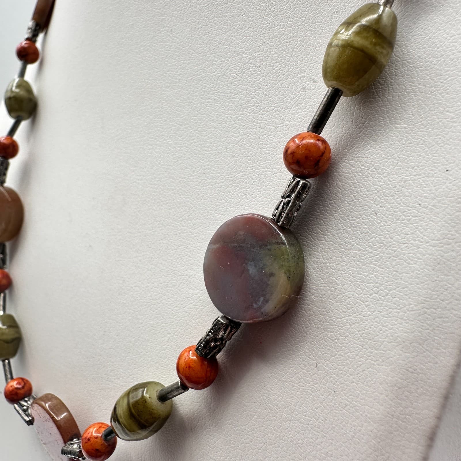 Vintage 90s Earth Tone Mixed Stones Beaded Silver Tone Necklace Women's Jewelry - Thumbnail 10