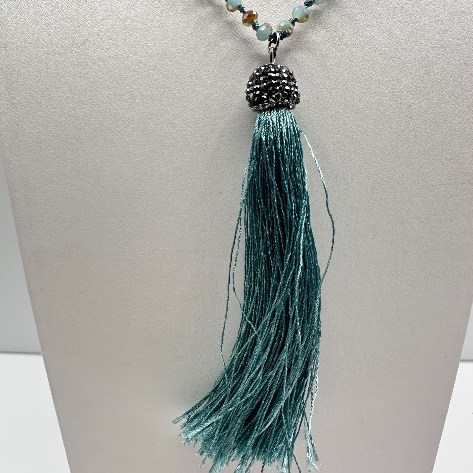 Vintage 90s Long Teal Blue Beaded Tassel Necklace Boho Statement Women's Jewelry - Thumbnail 2