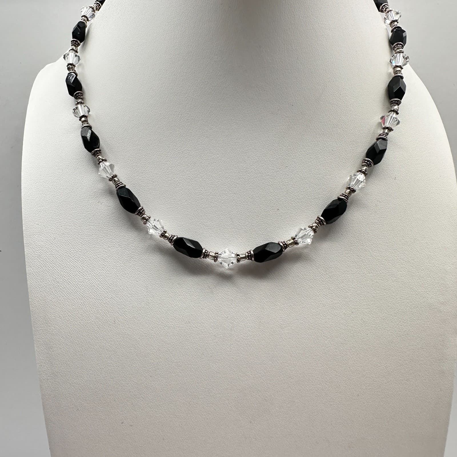 Vintage 90s Black Onyx Clear Crystal Beaded Necklace Silver Tone Boho Statement - Thumbnail 7